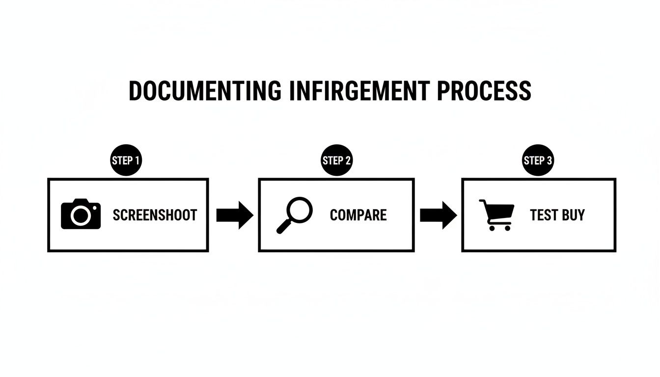 Flowchart detailing the three steps for documenting infringement: screenshot, compare, and test buy.