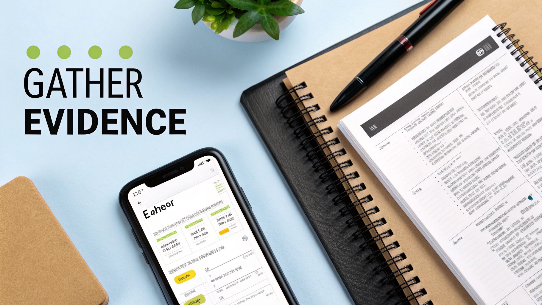 Desk flat lay with a smartphone, notebook, and pen, illustrating the process of gathering evidence.