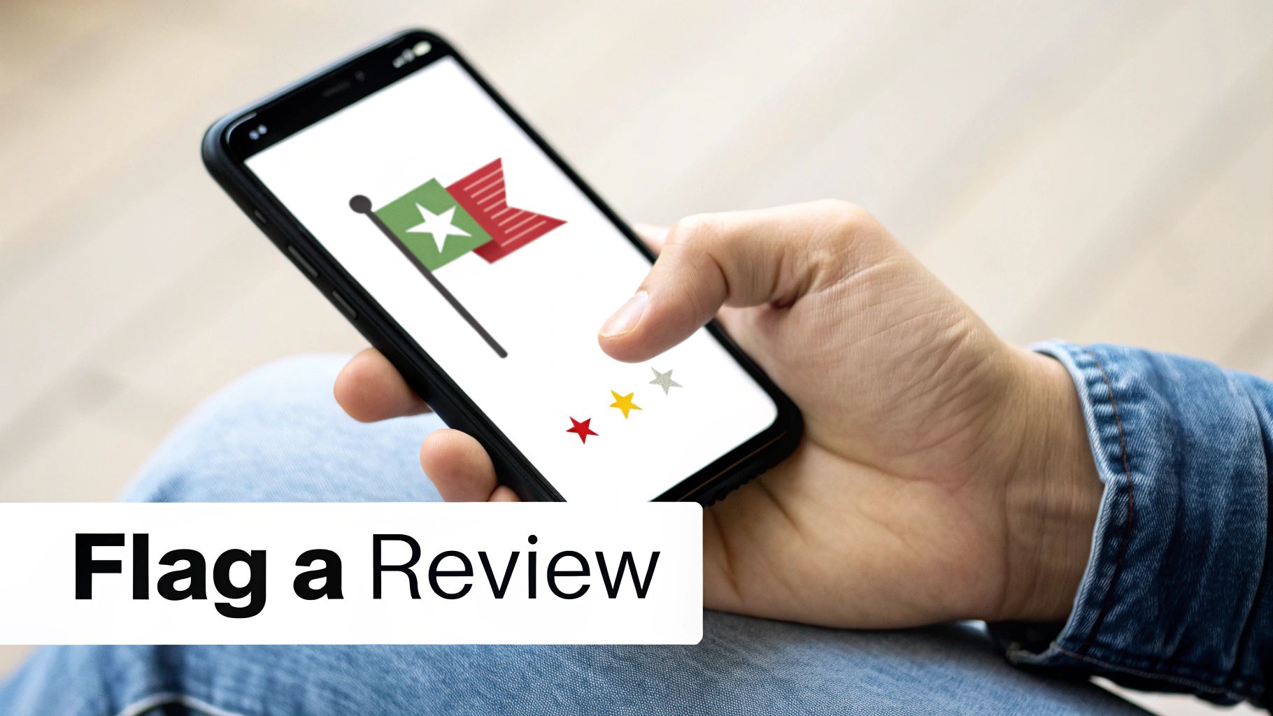 A person holds a smartphone with a flag icon and review stars, text reads 'Flag a Review'.