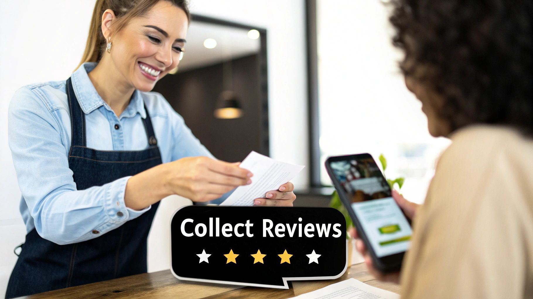 Business owner collecting customer reviews on tablet showing star rating system