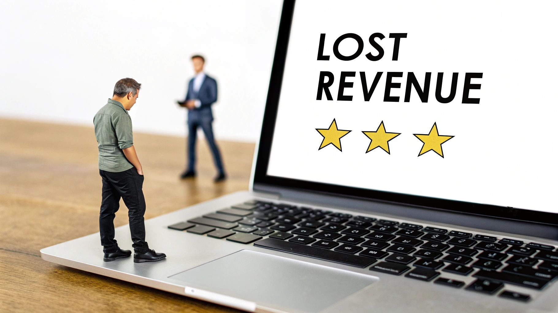 Miniature man stands on a laptop showing 'LOST REVENUE' and three stars, symbolizing business review impact.