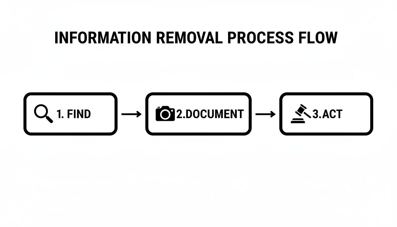 Flowchart outlining the three-step information removal process: Find, Document, Act.