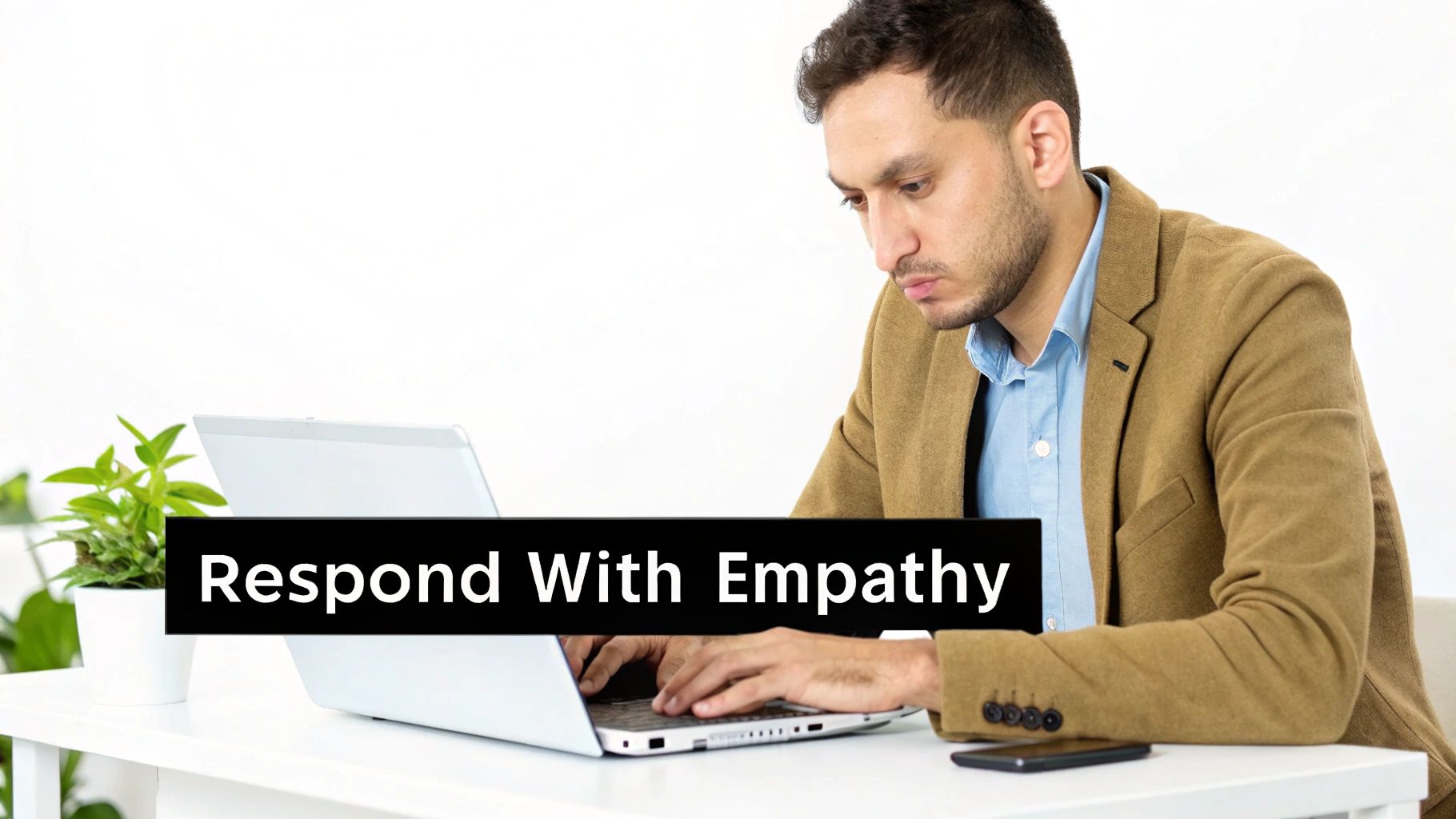 A man types on a laptop, with a houseplant and phone nearby, showing 'Respond With Empathy' text.