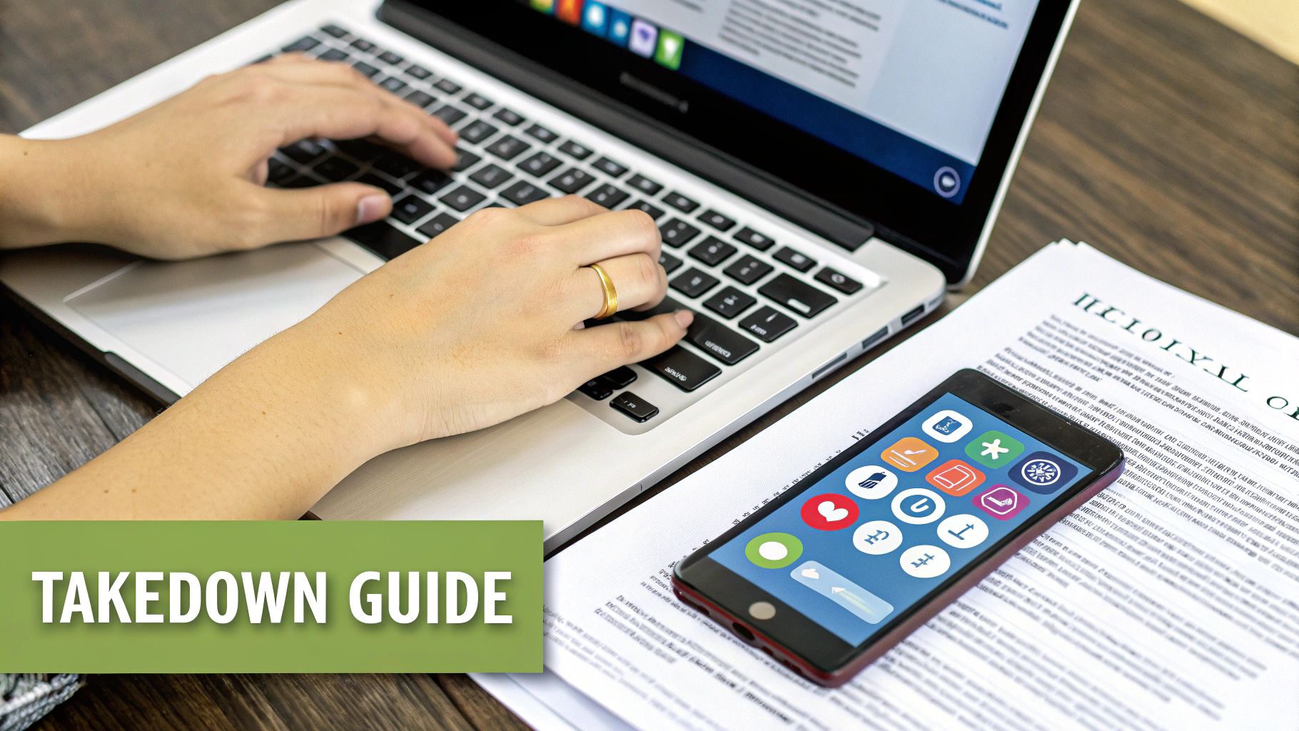 Hands typing on a laptop next to a smartphone with app icons, a document, and a 'TAKEDOWN GUIDE' banner.