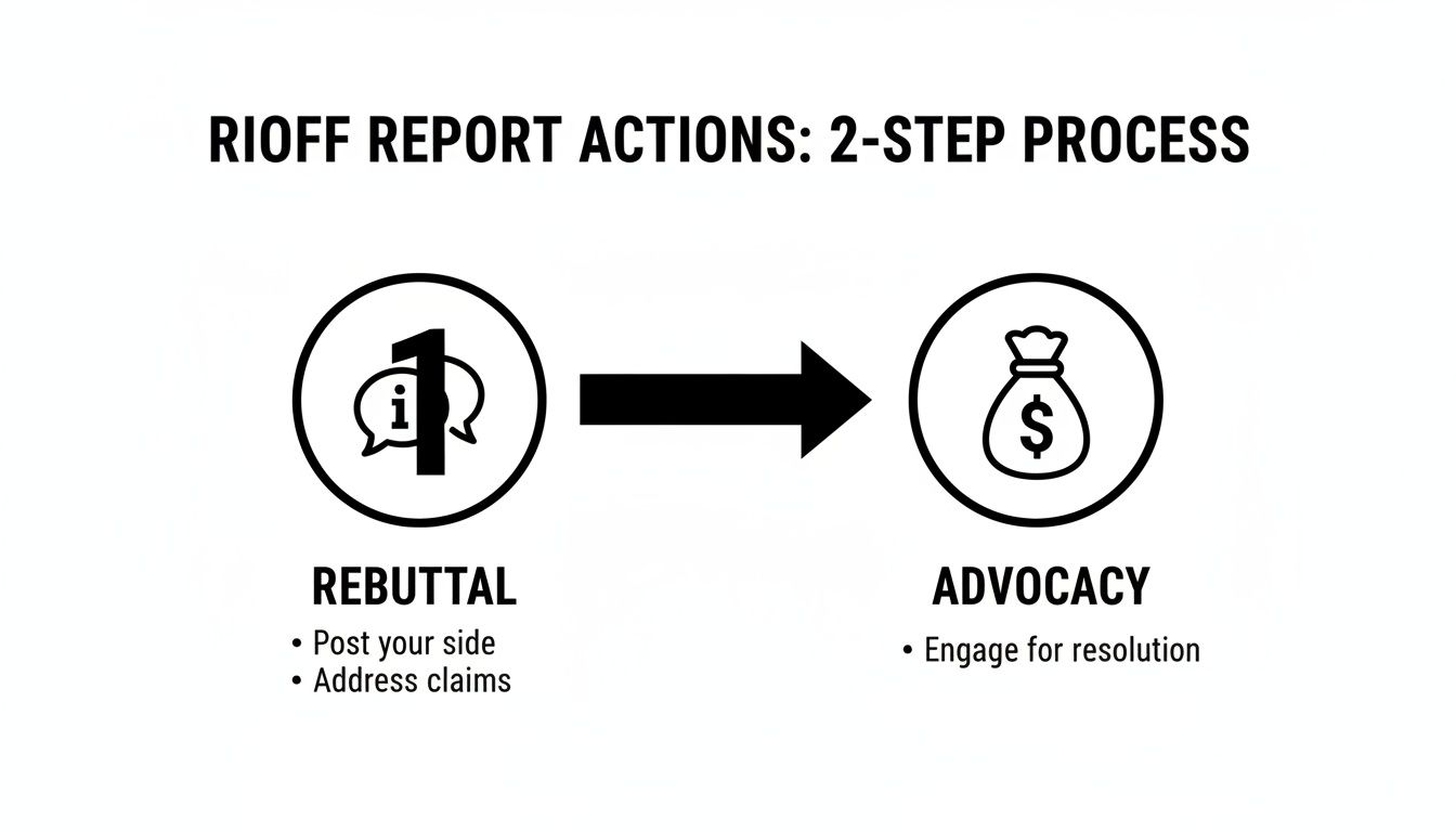 Diagram showing a 2-step process for ripoff report actions: Rebuttal and Advocacy.