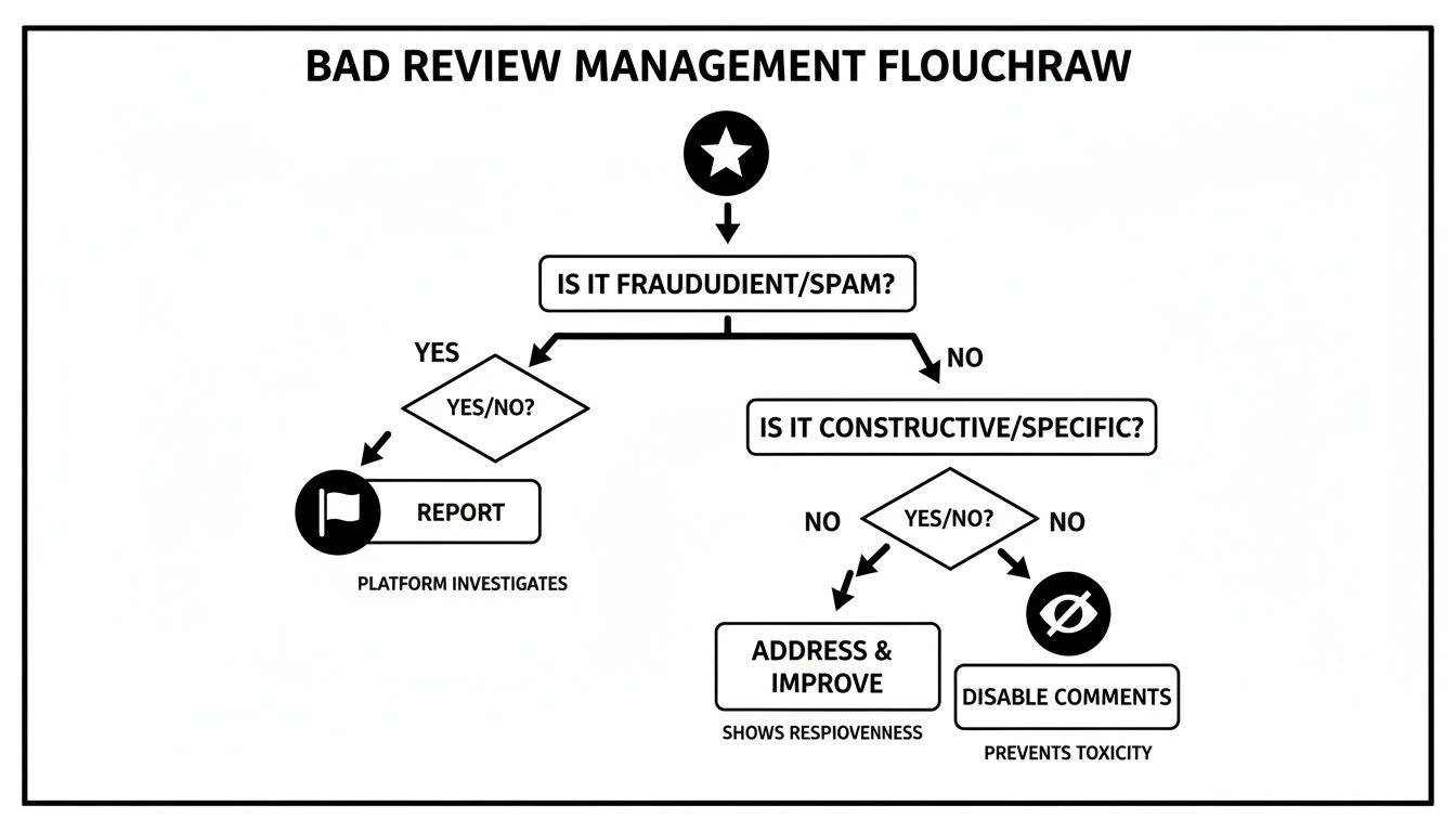 Flowchart for managing bad reviews, guiding actions based on review type and content.