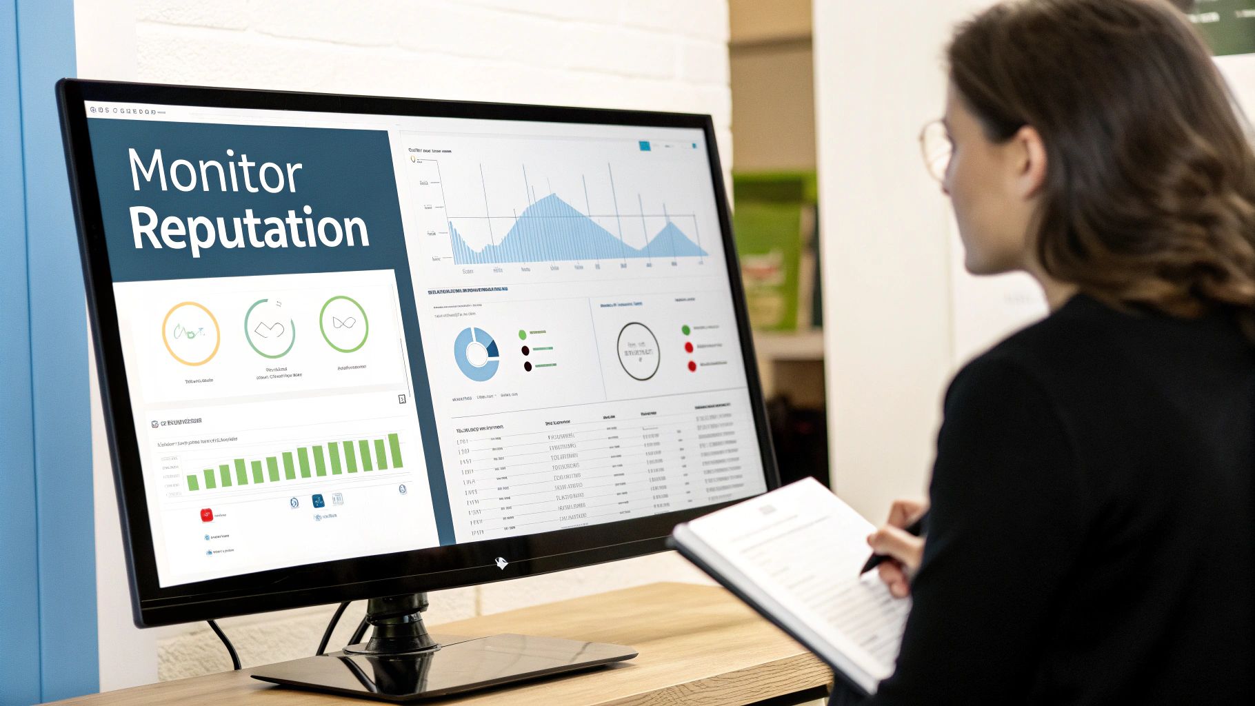 A person reviews reputation monitoring data and graphs on a computer screen while taking notes.