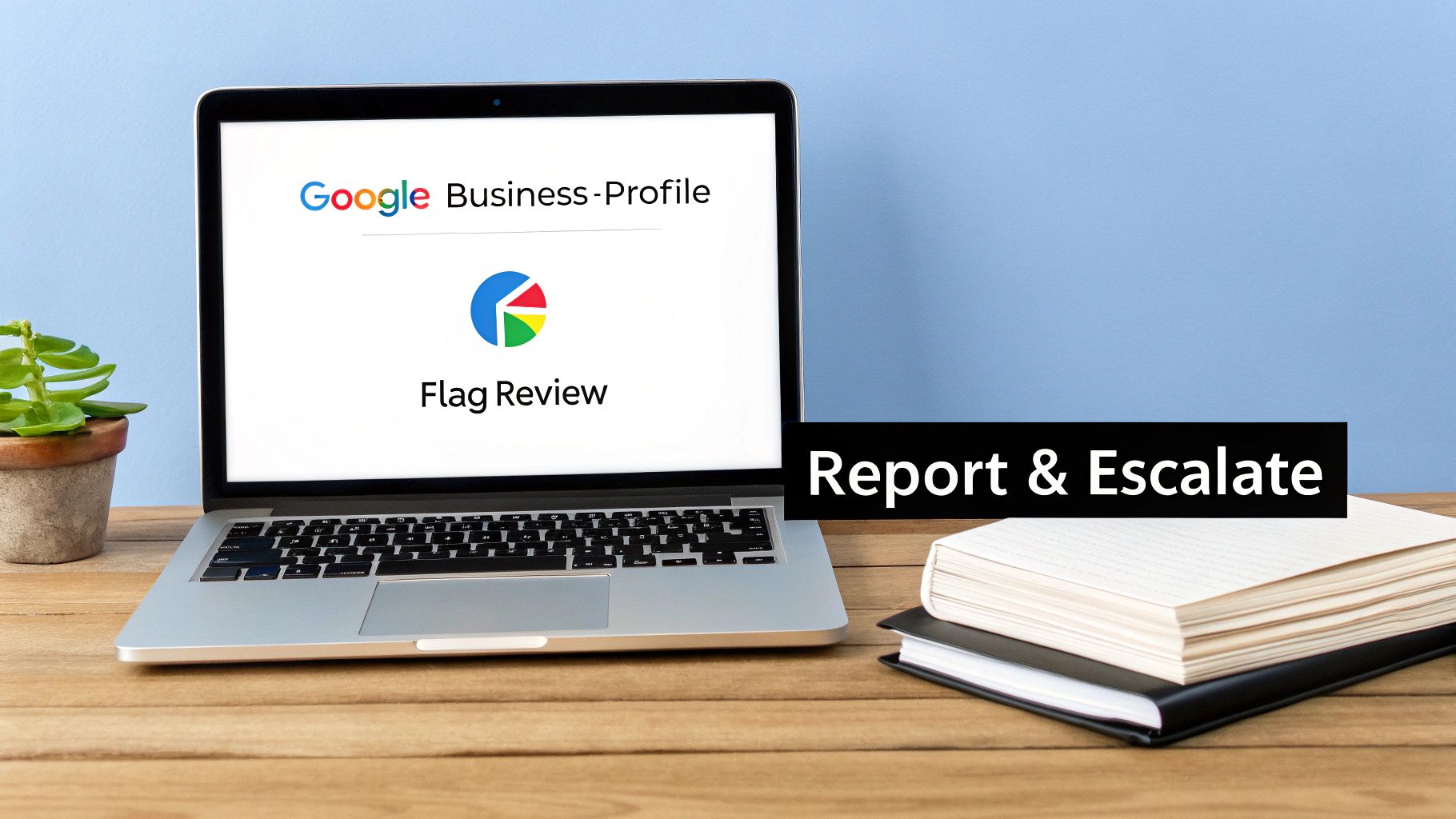 Laptop showing Google Business Profile with 'Flag Review', beside 'Report & Escalate' text and books.