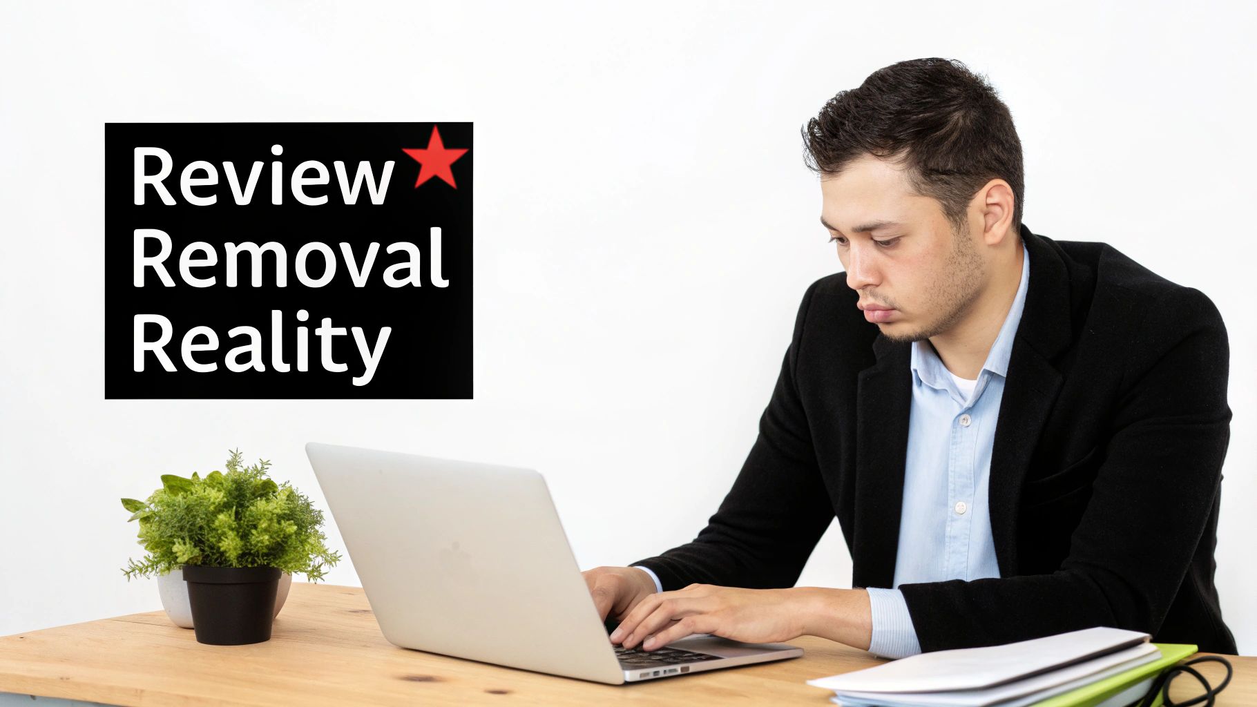 A man intensely works on a laptop at a desk, with 'Review Removal Reality' text.