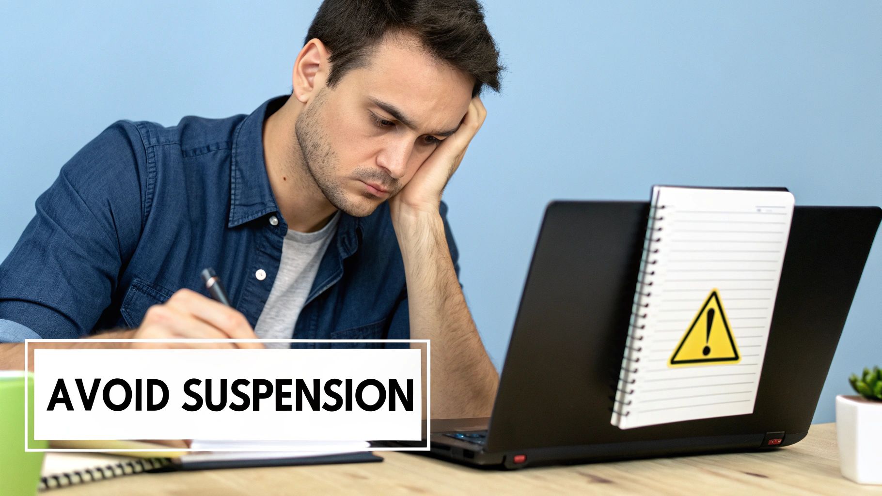 Frustrated man viewing a laptop with a warning symbol and text 'AVOID SUSPENSION' on screen.