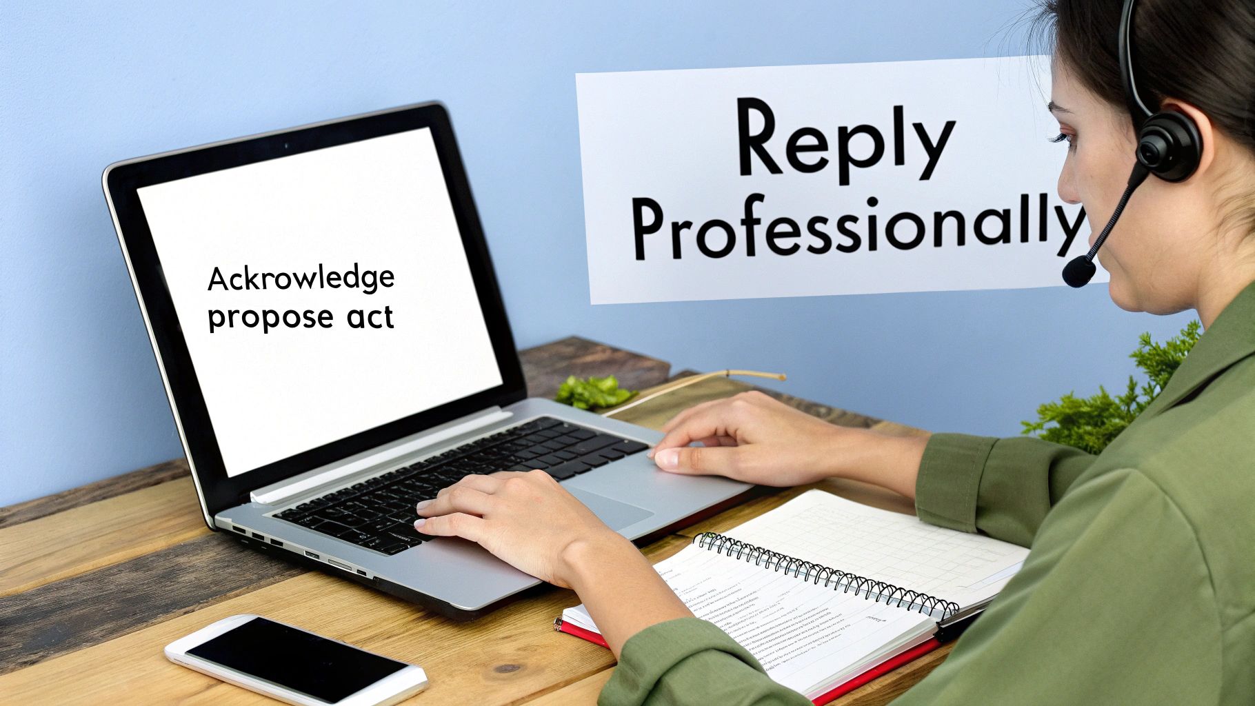 A woman wearing a headset works on a laptop with text 'Reply Professionally' and 'Acknowledge propose act'.
