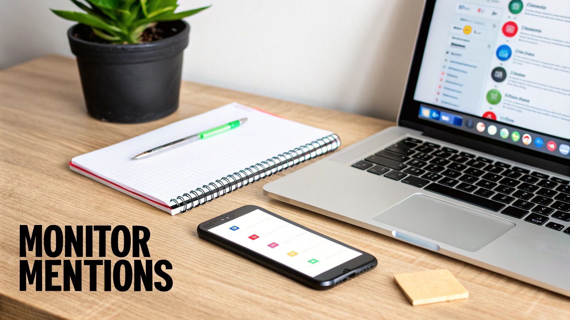 Laptop and smartphone displaying social media monitoring tools on wooden desk workspace