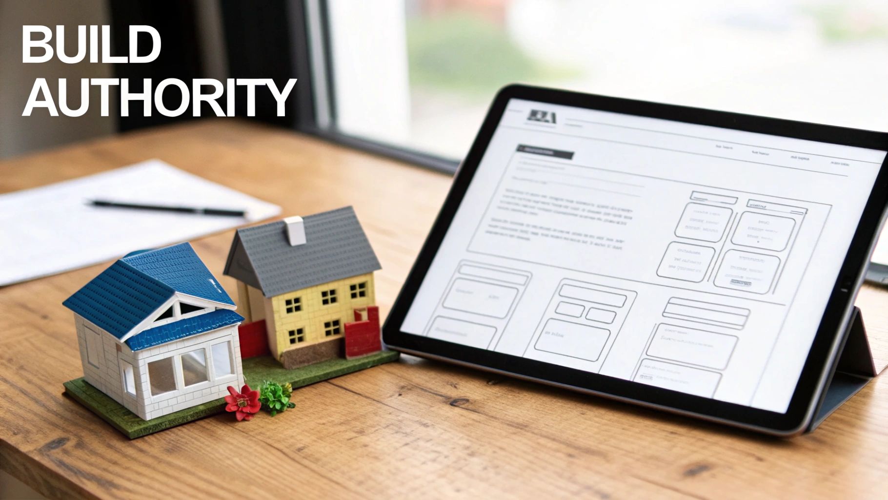 Real estate professional reviewing digital marketing website layout on tablet with model houses