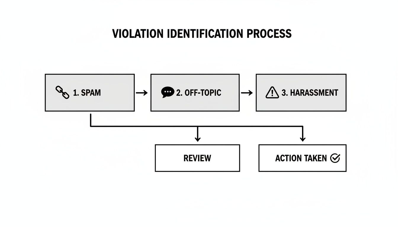 Flowchart outlining the violation identification process, including spam, off-topic, harassment, review, and action taken.