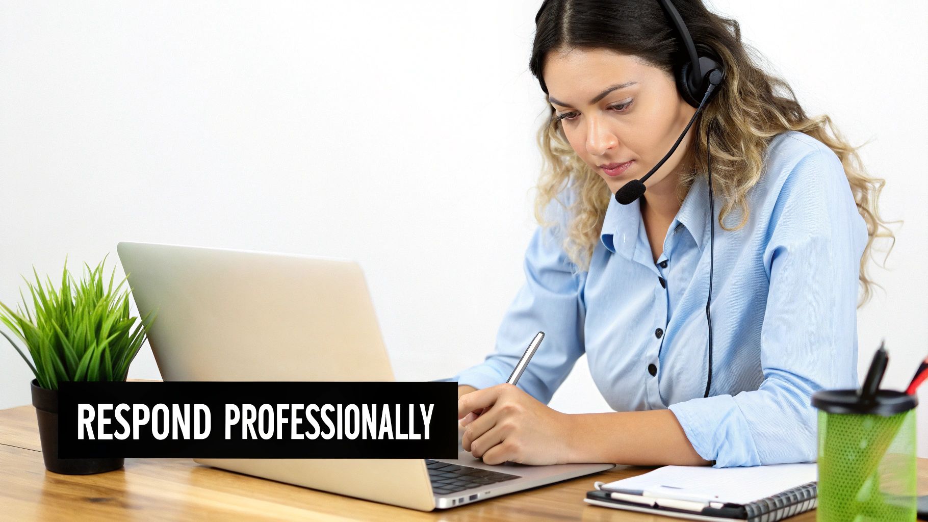 Young woman in a headset working on a laptop, writing notes, embodying professional customer service.