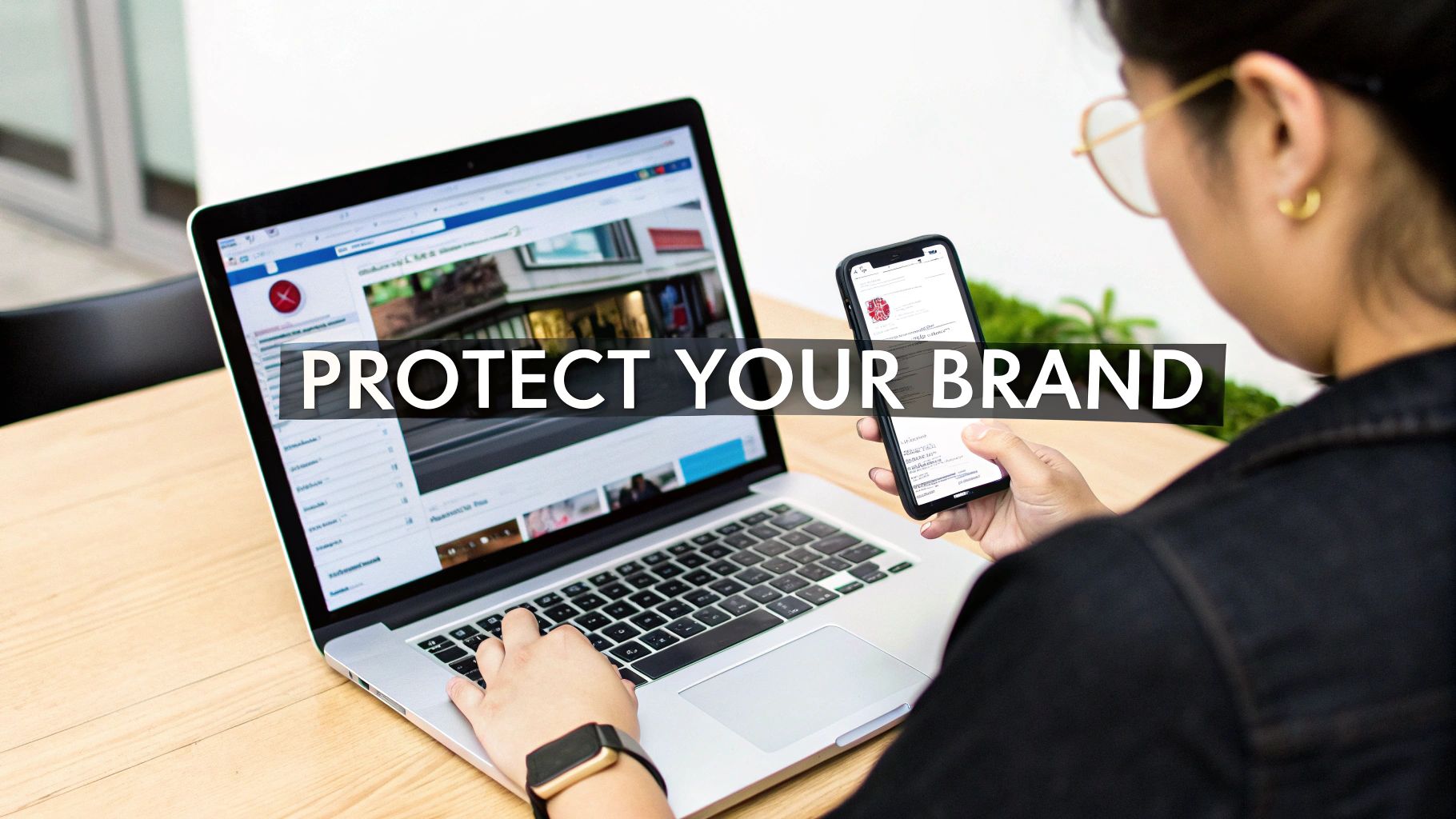 Person using laptop and smartphone with 'PROTECT YOUR BRAND' text, symbolizing digital brand protection.