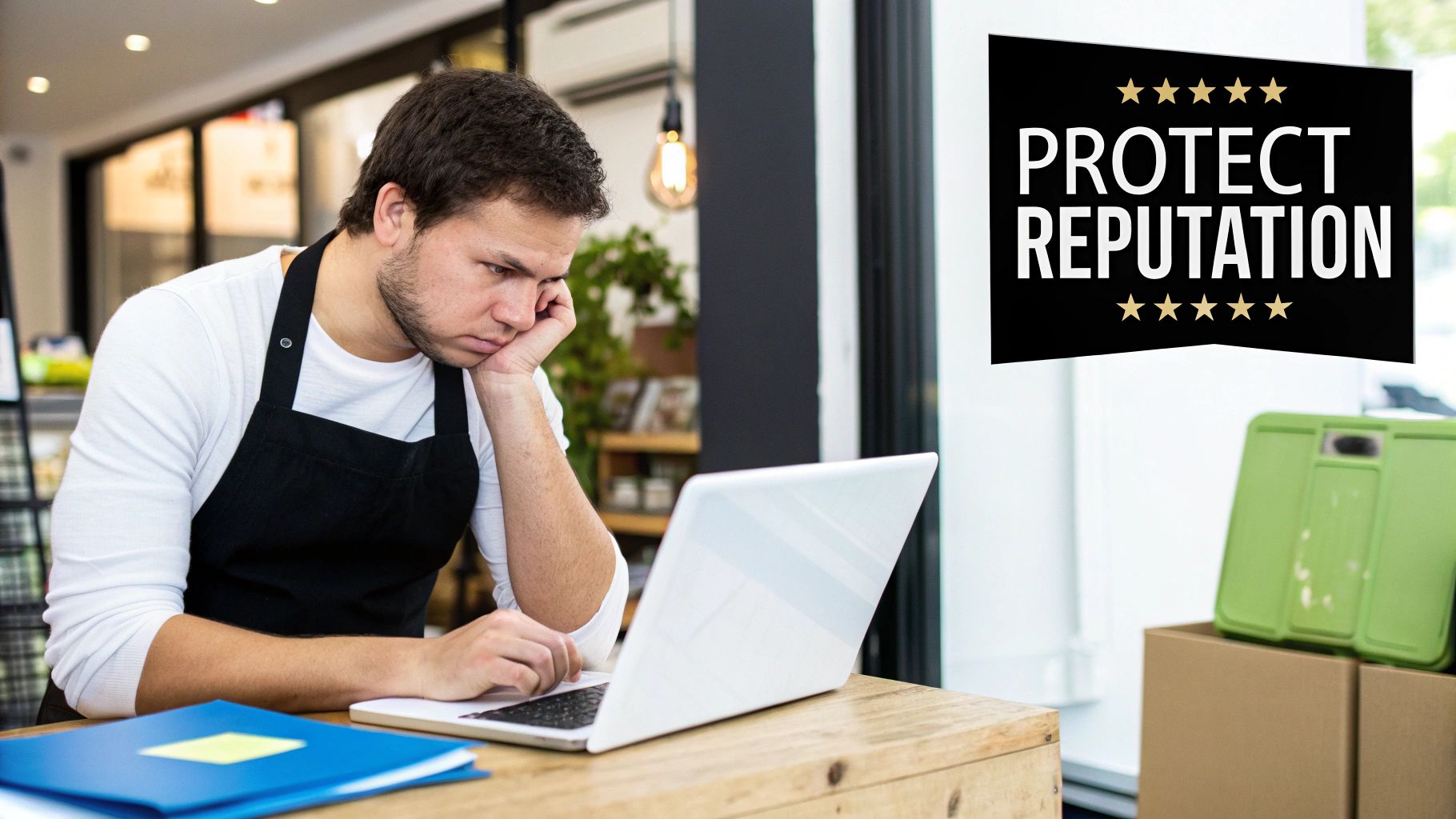 A tired business owner in an apron looks at his laptop, near a 'PROTECT REPUTATION' sign.