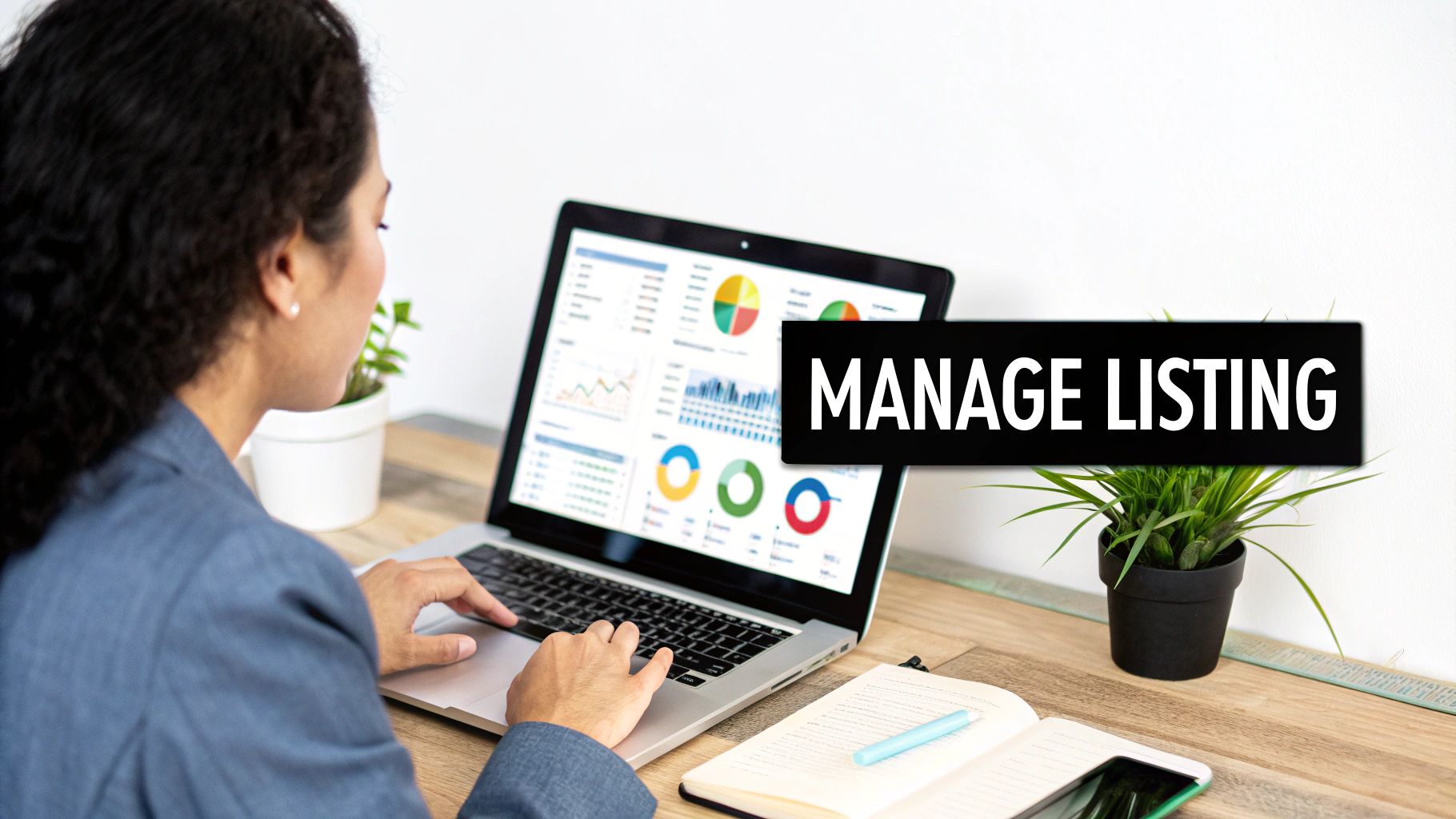 A person works on a laptop displaying business analytics, with 'MANAGE LISTING' text overlay.