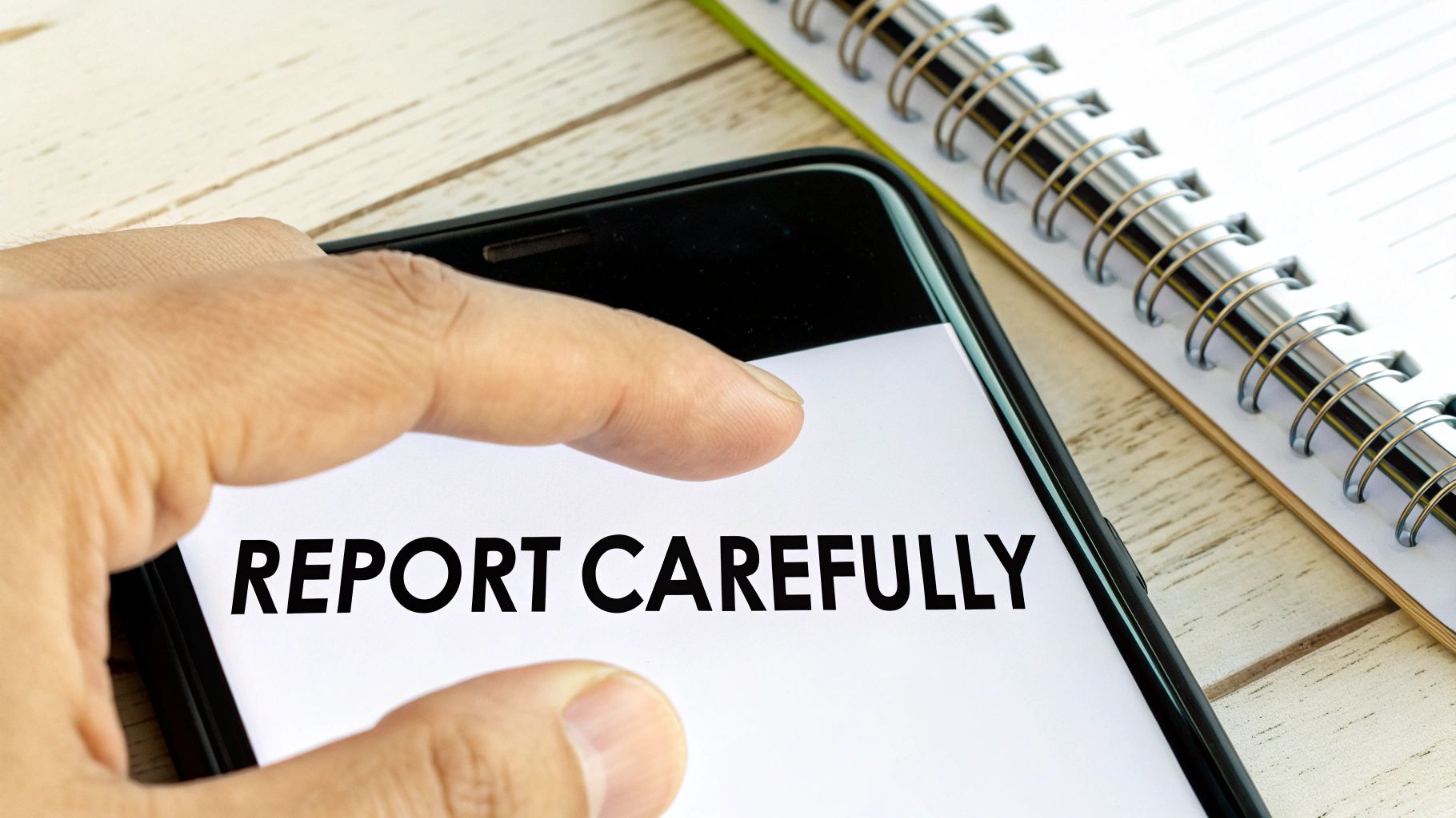 A hand holds a smartphone displaying the text 'REPORT CAREFULLY' on its screen, next to a notebook.