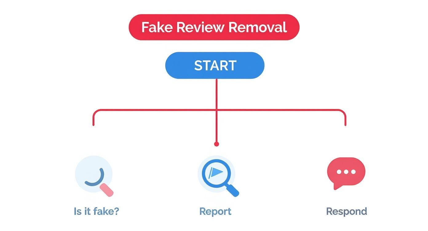 Flowchart illustrating the fake review removal process: start, then options to check if fake, report, or respond.