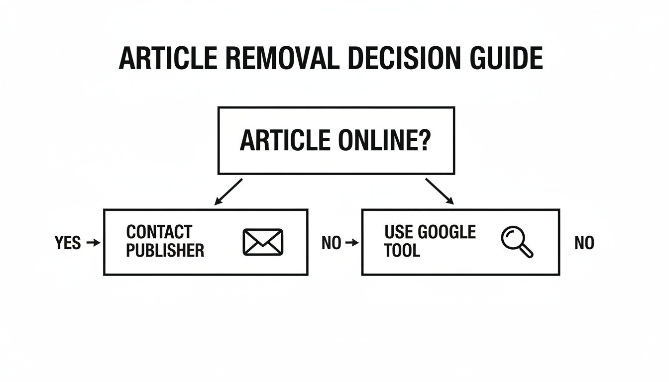 A flowchart guiding the decision process for article removal: contact publisher if online, or use Google removal tool if not.
