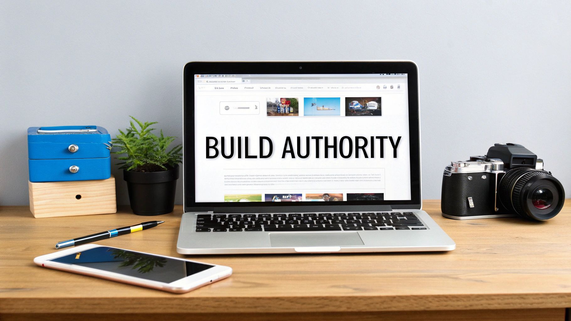 A neat desk setup with a laptop displaying 'BUILD AUTHORITY', a camera, plant, and accessories.