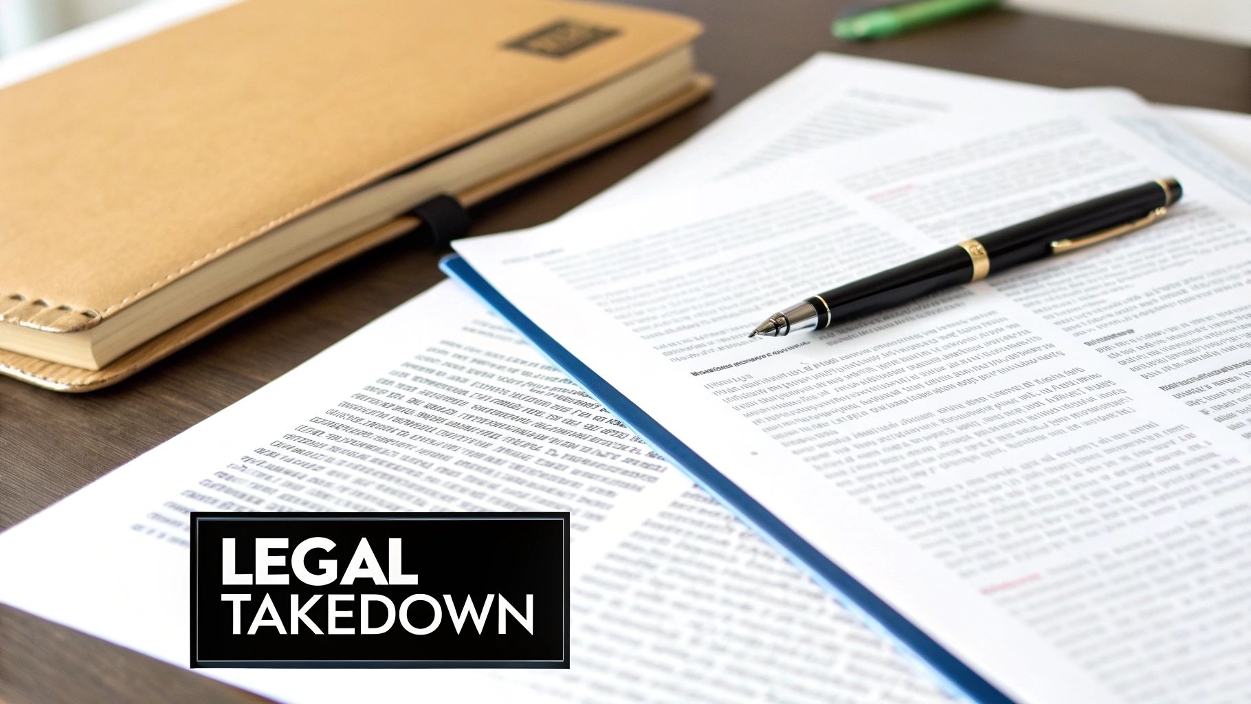A desk with legal documents, a pen, a notebook, and a 'LEGAL TAKEDOWN' overlay.