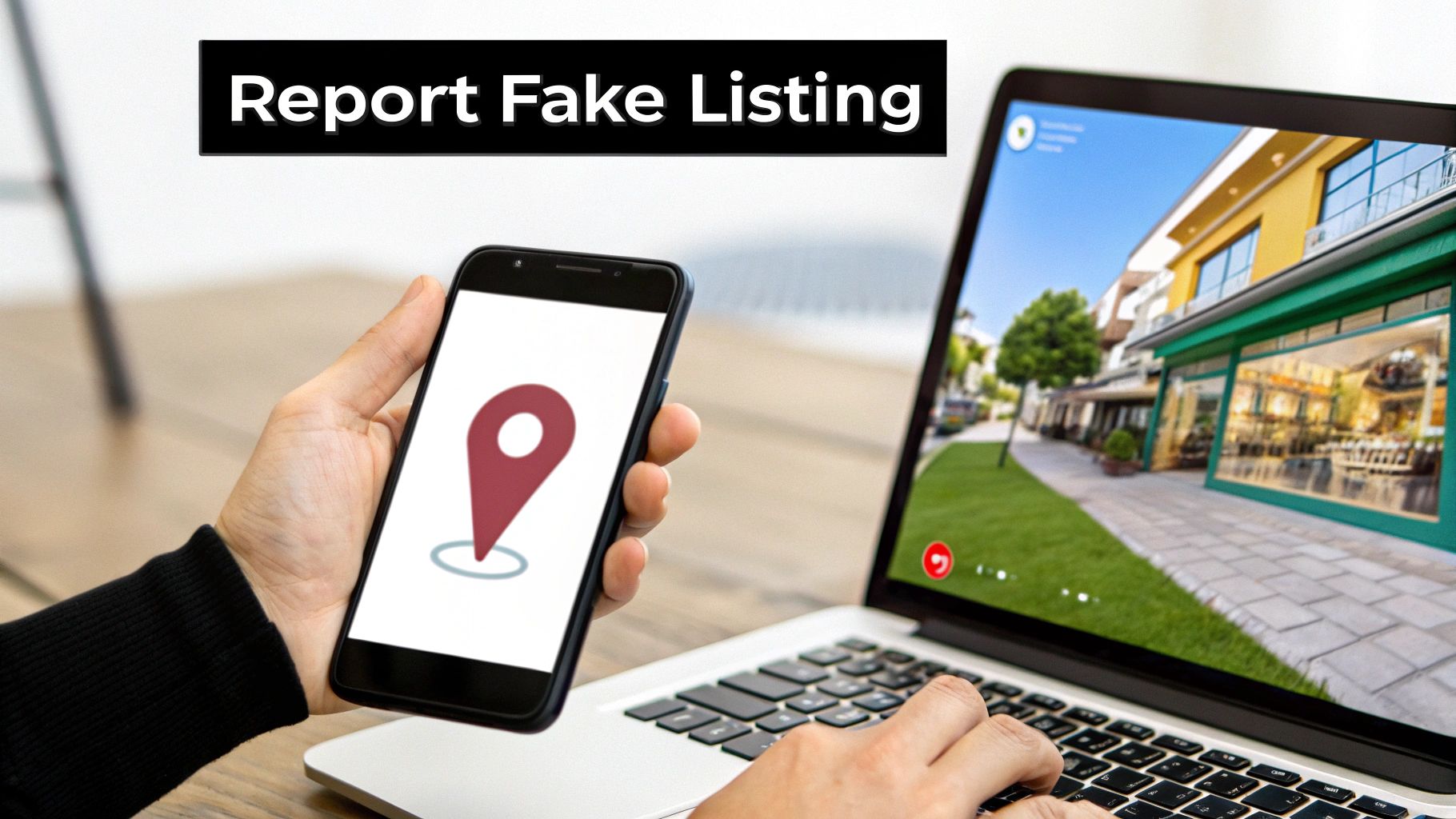 A person holding a smartphone with a location pin icon, typing on a laptop showing a street view. Text reads "Report Fake Listing".