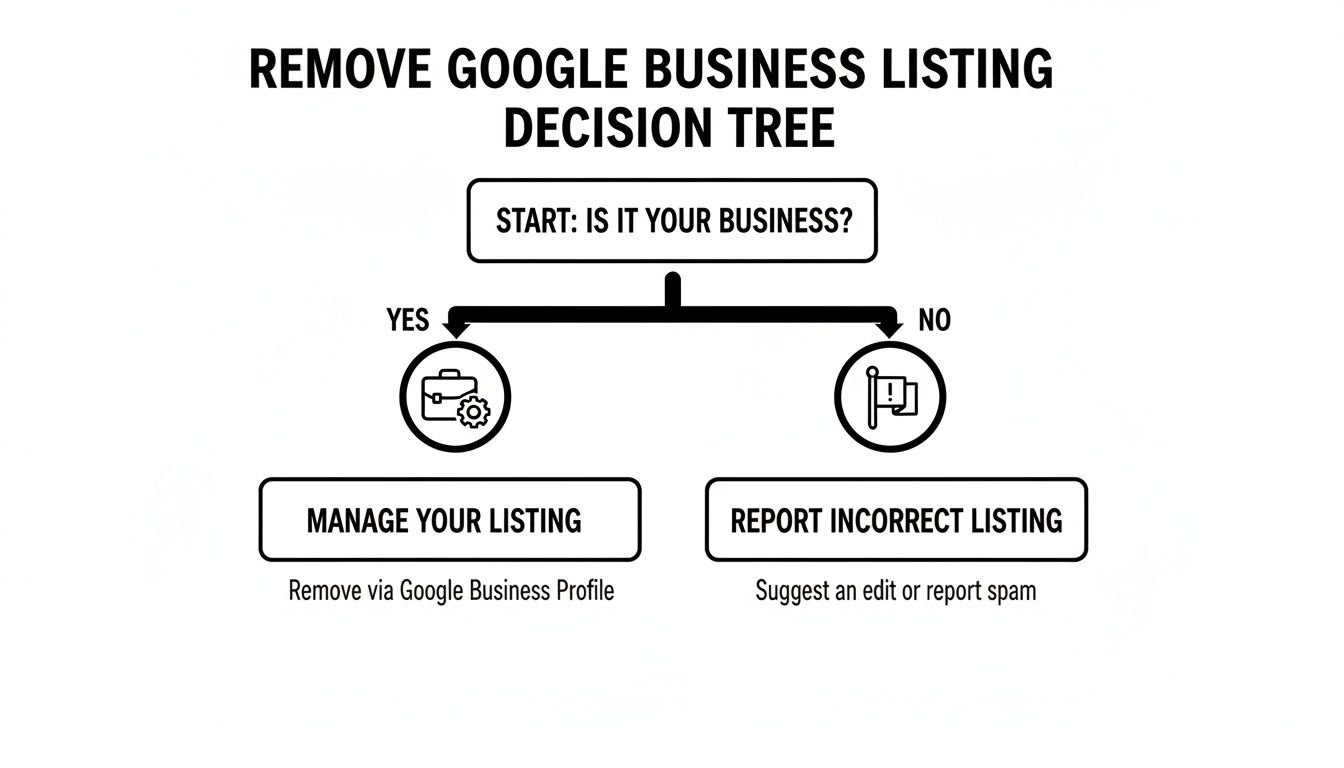 A decision tree illustrating how to remove a Google Business Listing based on business ownership.