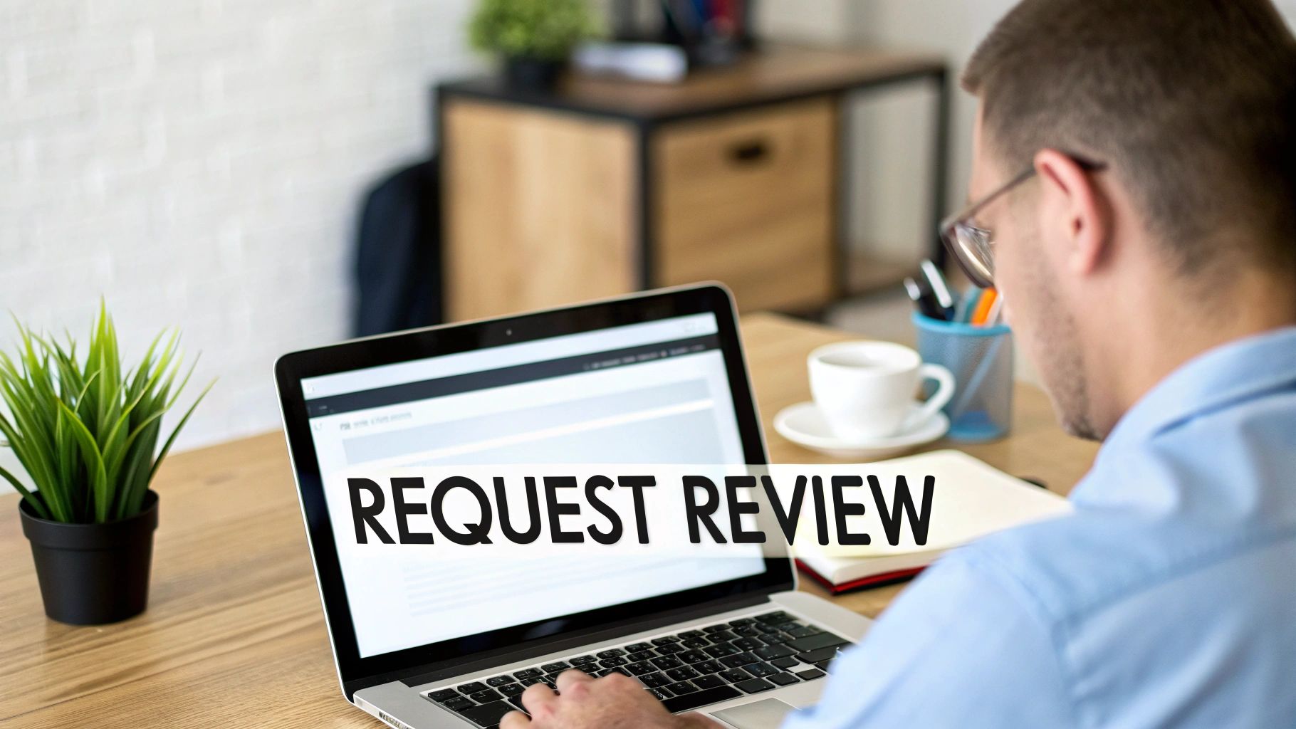 A man in a blue shirt and glasses typing on a laptop displaying 'REQUEST REVIEW' on the screen.