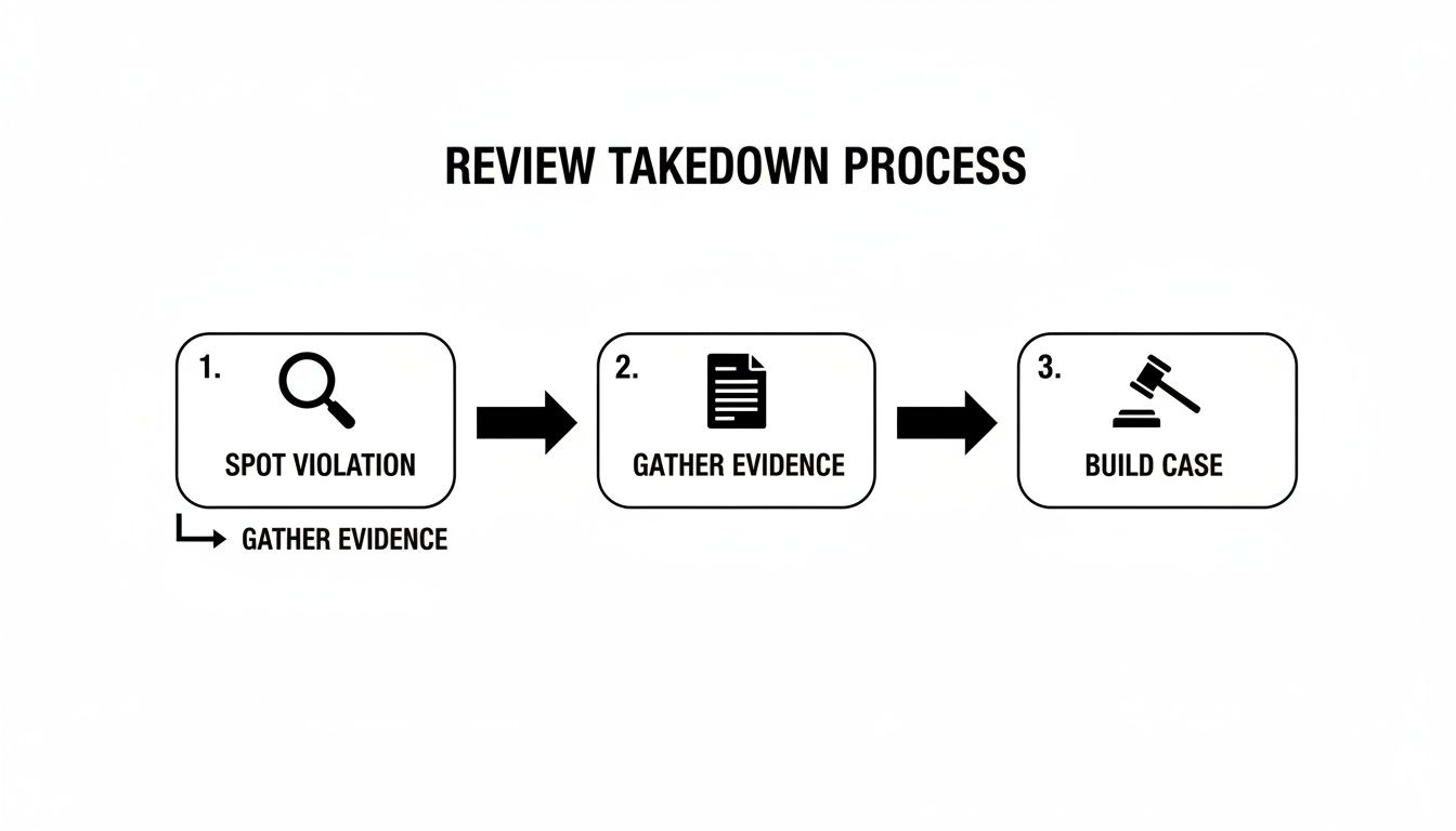 Flowchart illustrating the review takedown process with steps: Spot Violation, Gather Evidence, and Build Case.