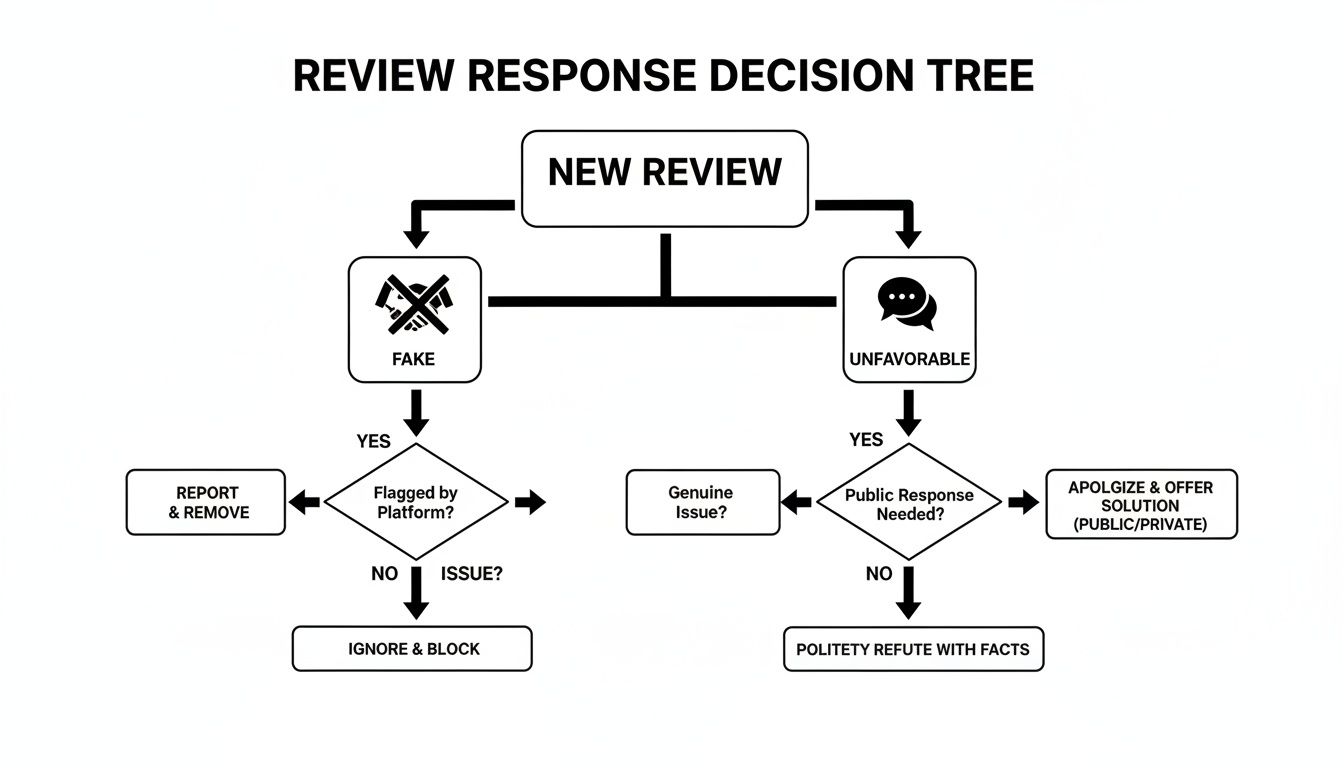 Flowchart detailing a review response decision tree for managing fake and unfavorable reviews.