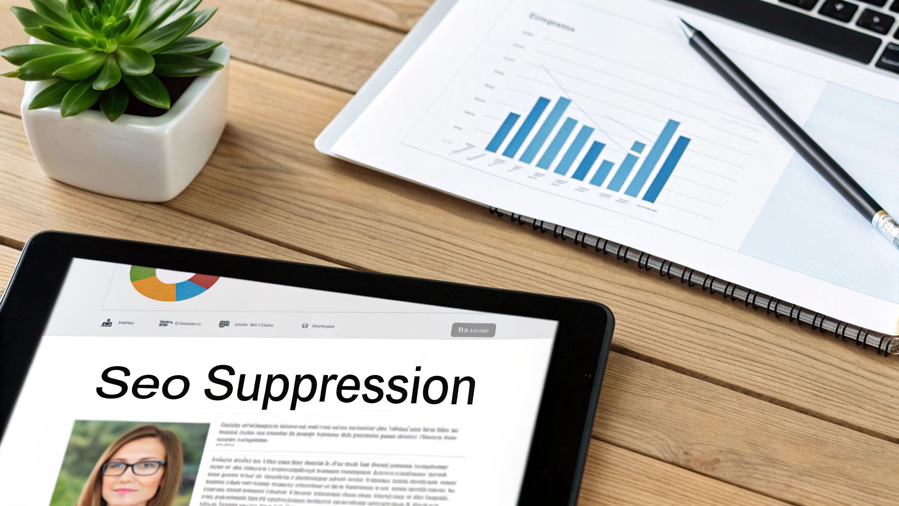 A tablet displays an article about "Seo Suppression" with a woman, next to a bar graph, pencil, and plant on a wooden desk.