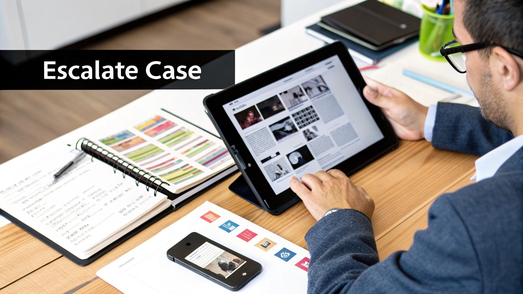 A man in a suit works on a tablet at a desk, next to a notebook, with 'Escalate Case' text.