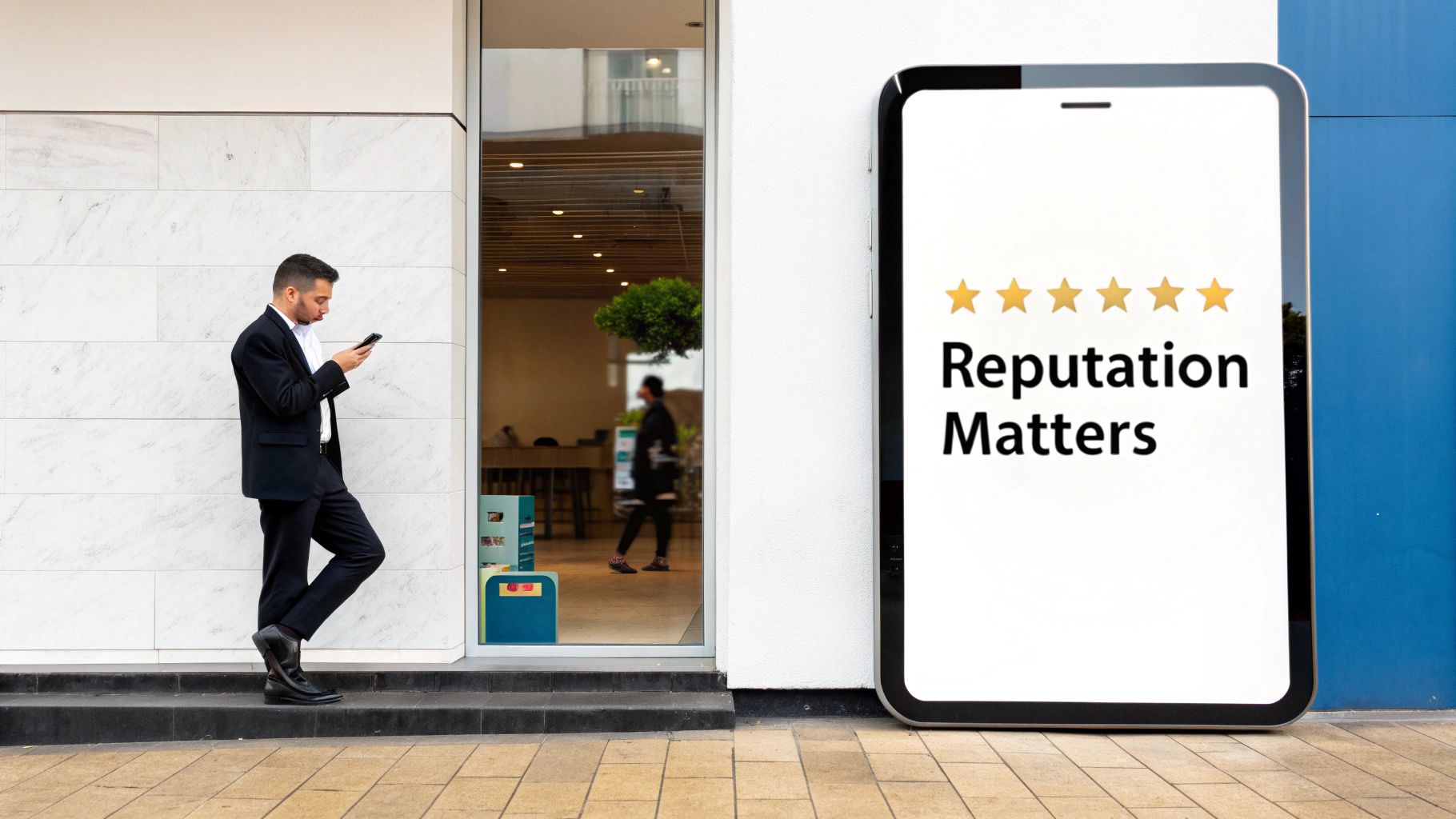 A person managing their business an a laptop and phone, surrounded by social media and review icons.