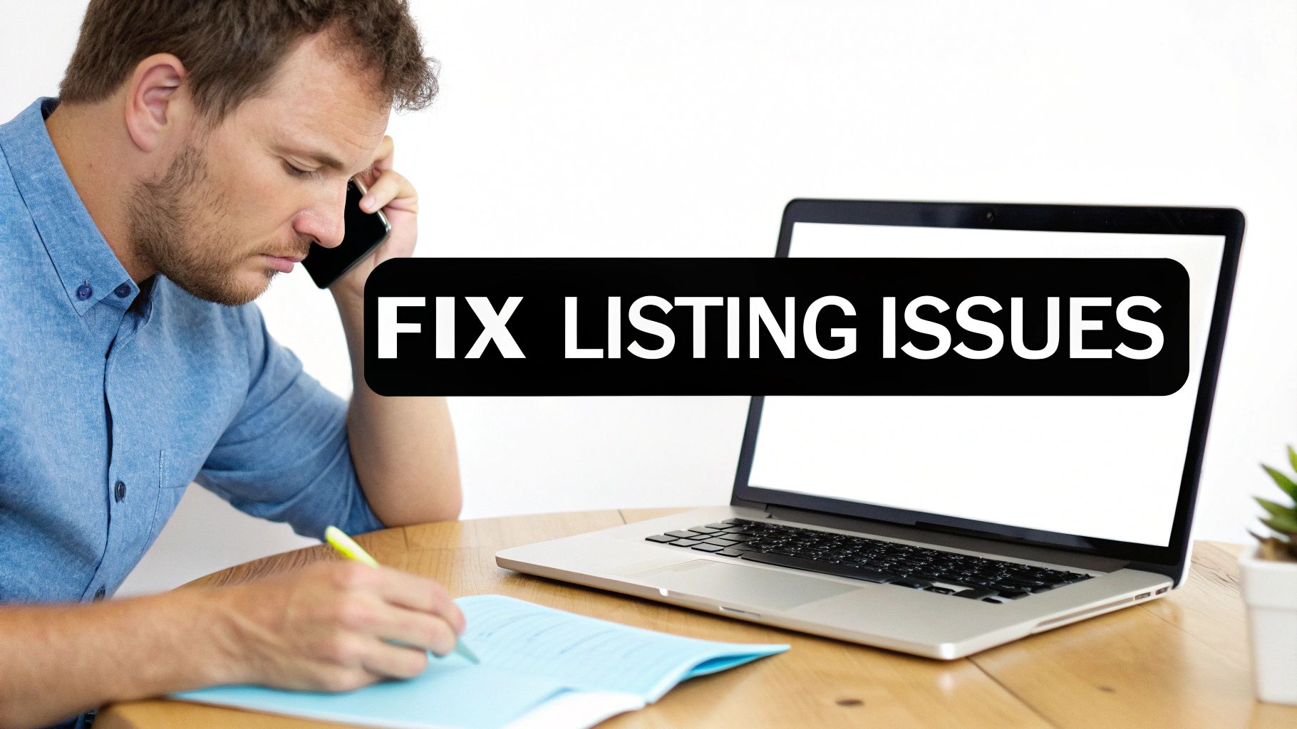 A man talking on the phone, writing notes, next to a laptop with 'FIX LISTING ISSUES' text.