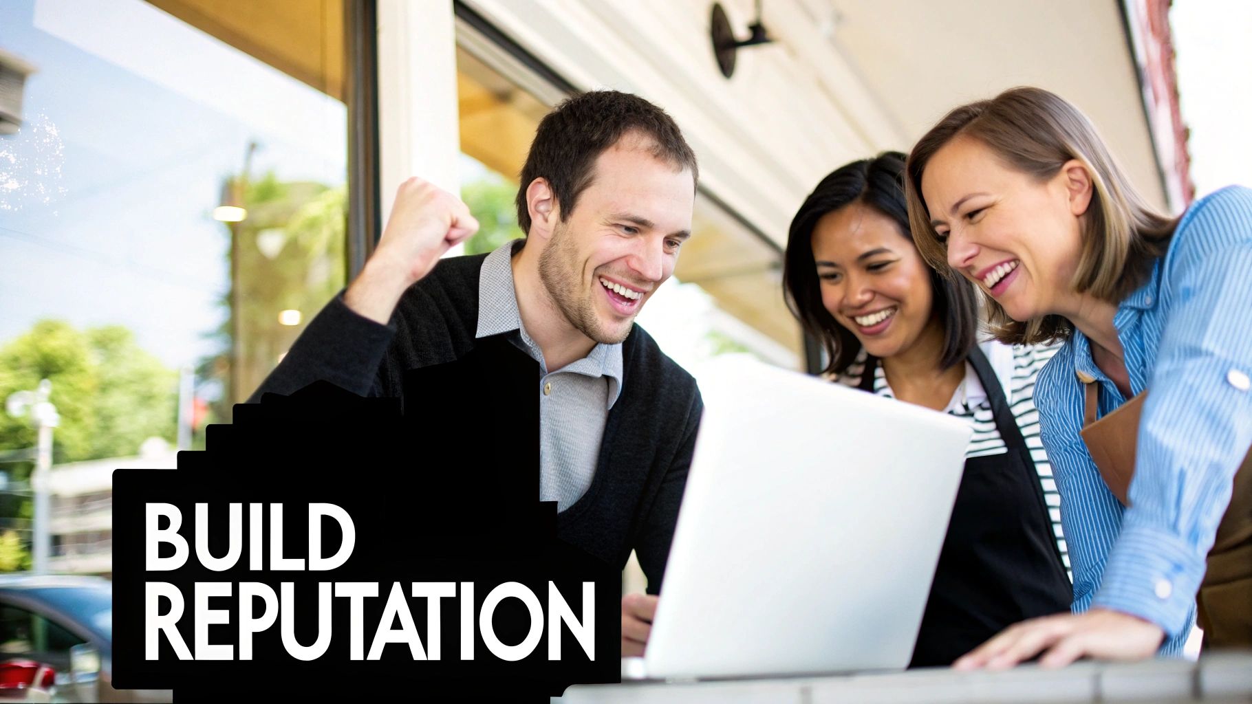 Diverse business colleagues enthusiastically celebrate success while reviewing information on a laptop, building reputation.