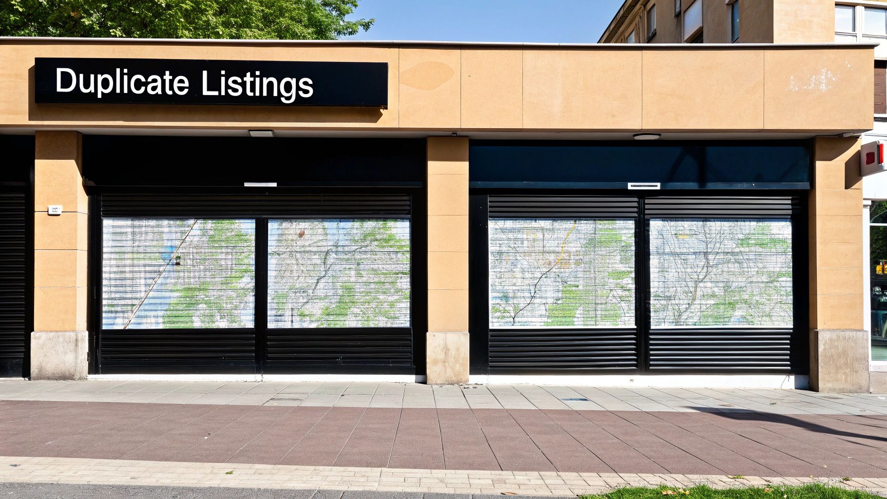 Exterior of a tan building with a prominent 'Duplicate Listings' sign above two windows displaying maps.
