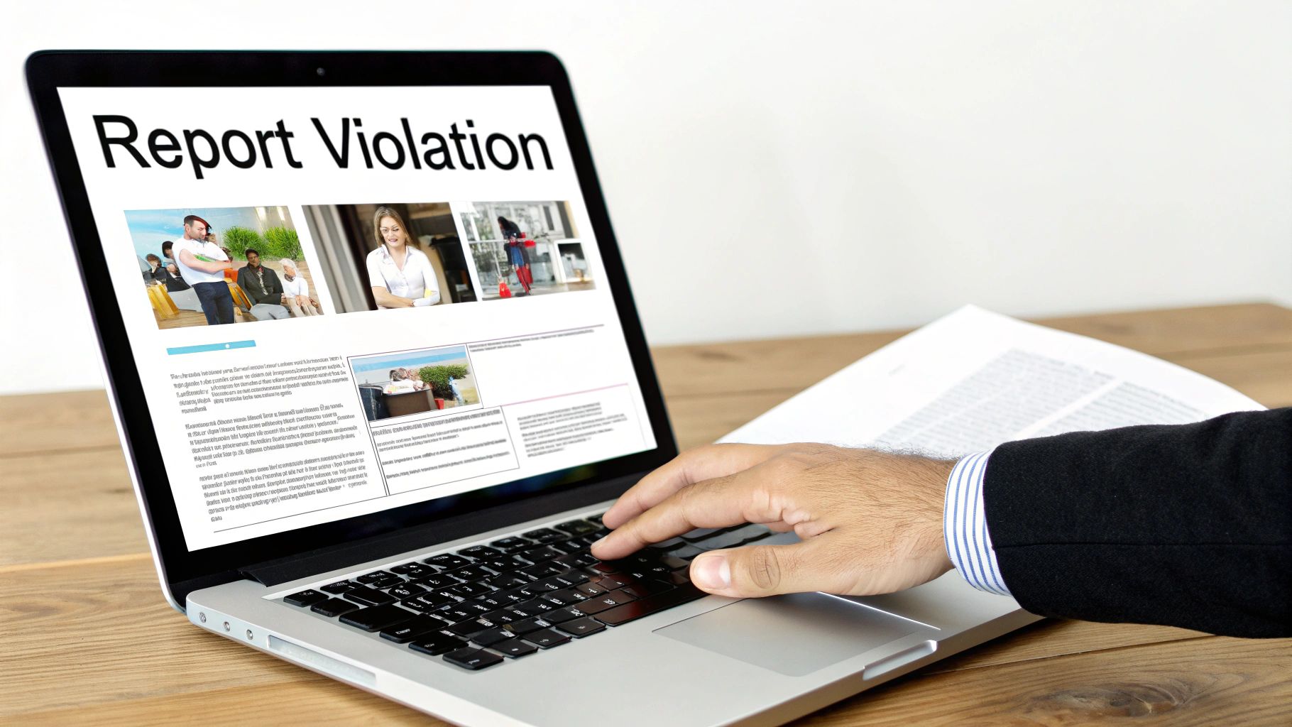 A person types on a laptop showing 'Report Violation' and various images, next to documents.
