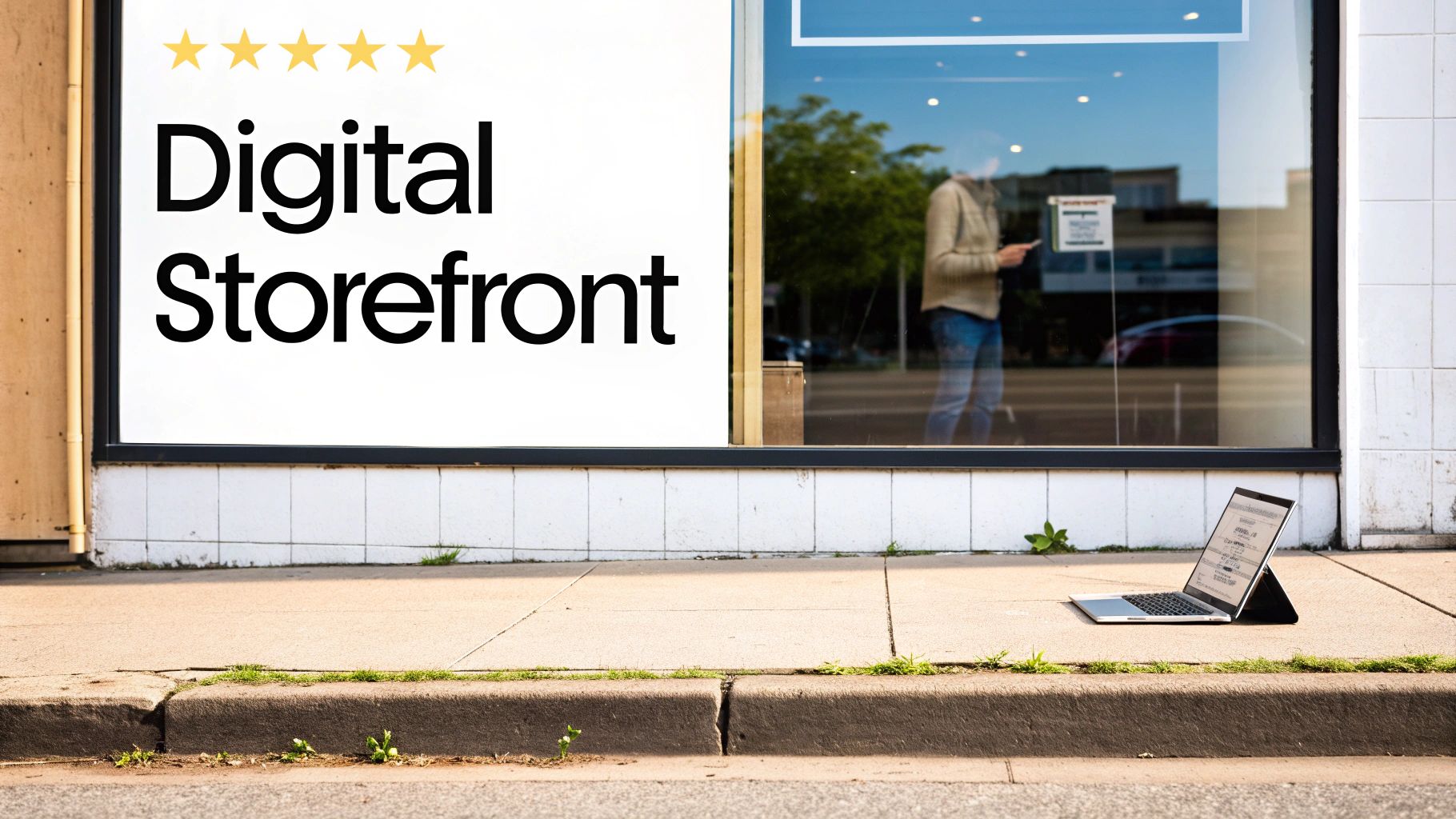 A digital storefront window displaying "Digital Storefront" and five stars, with a laptop on the sidewalk.