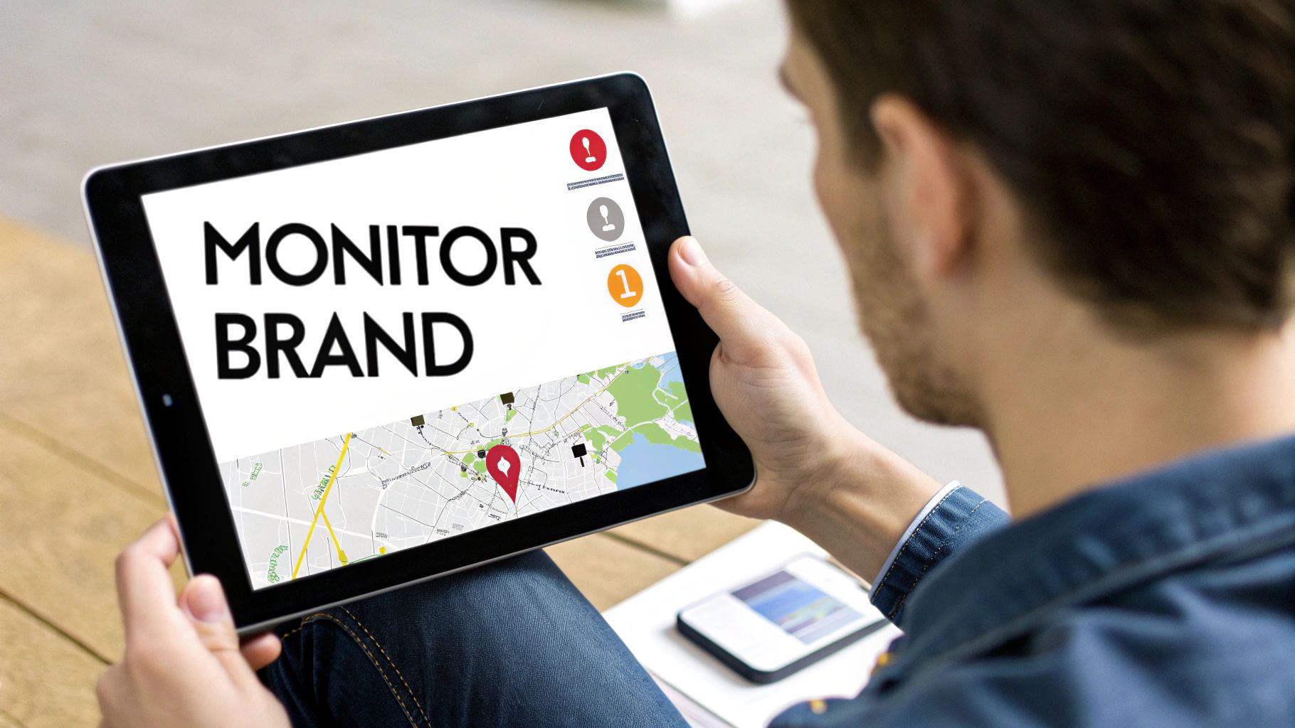A person holds a tablet displaying 'MONITOR BRAND' text, a map, and alert icons.