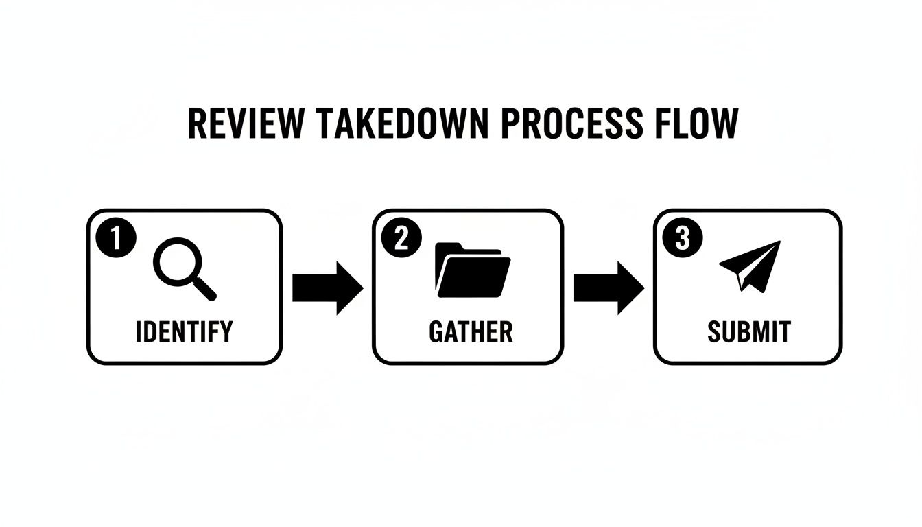 A three-step flowchart outlining the review takedown process: identify, gather, and submit.