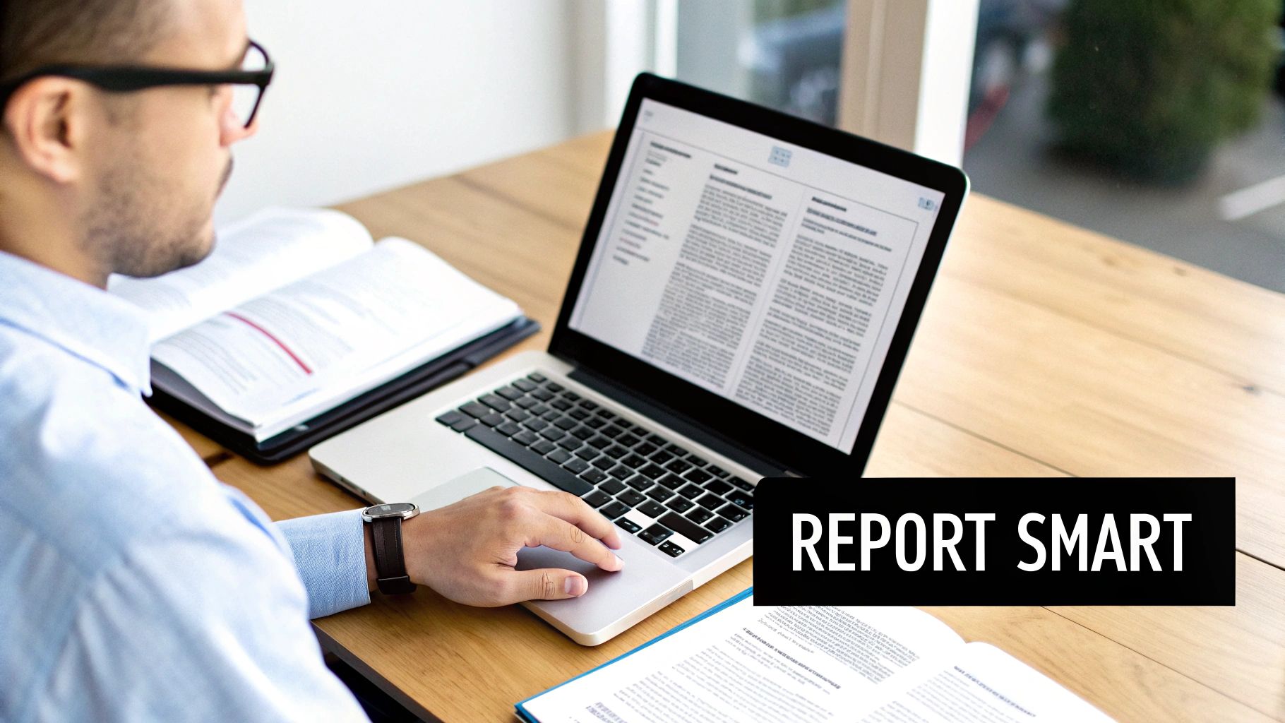 Professional man working on laptop creating reports with documents and books on wooden desk
