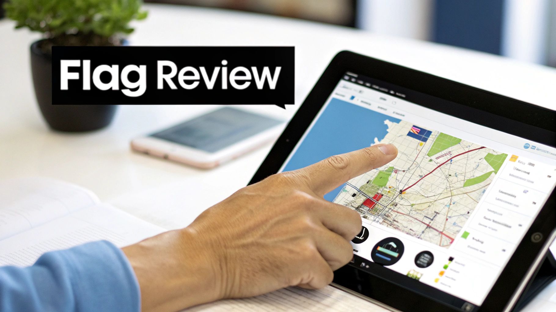 Person interacting with a tablet displaying a map and a flag icon, with 'Flag Review' text.