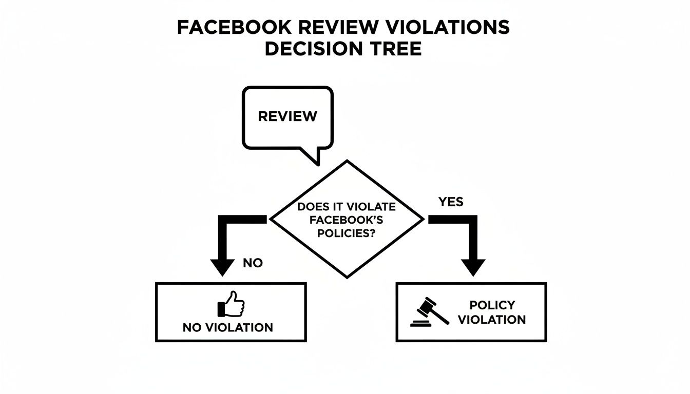 A Facebook review violations decision tree flowchart outlining the policy review process.
