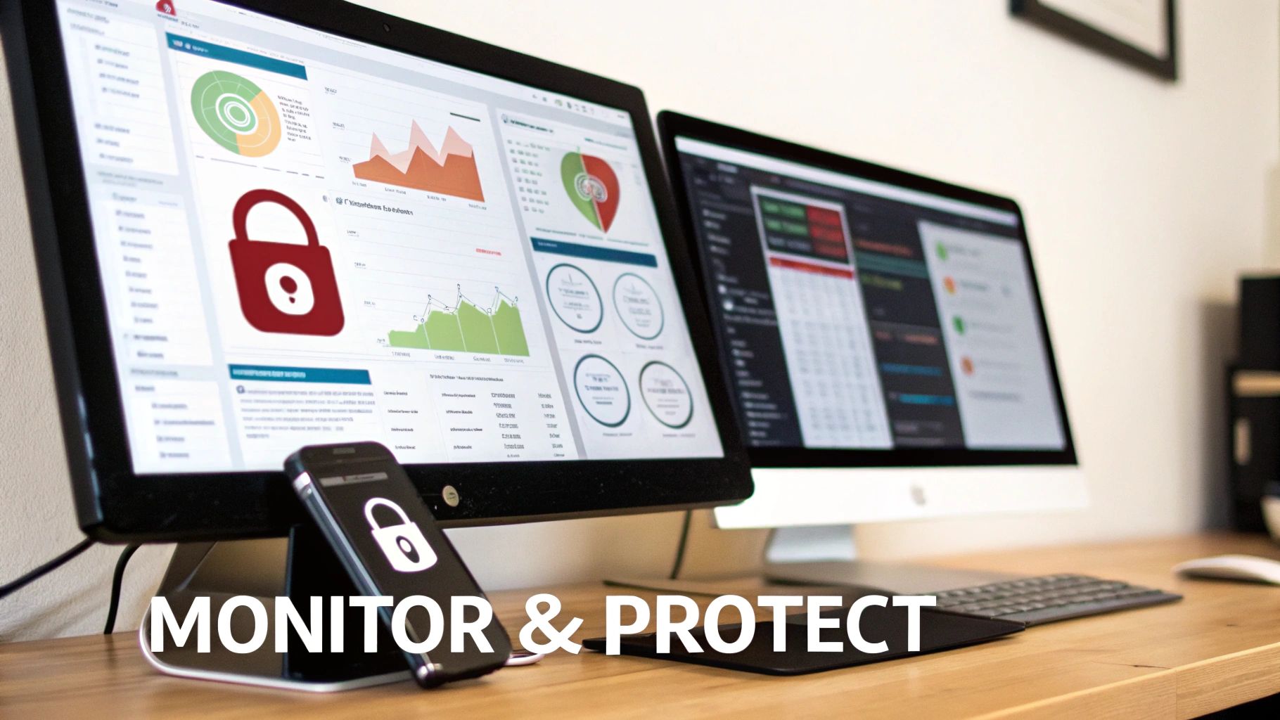 A desk setup with two monitors showing data protection interfaces, and a smartphone with a padlock.