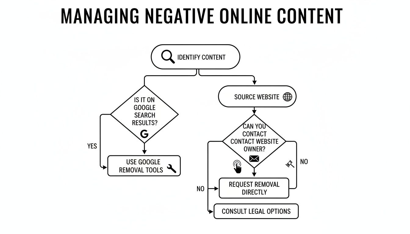 Flowchart guiding users on how to manage and remove negative online content from Google and websites.