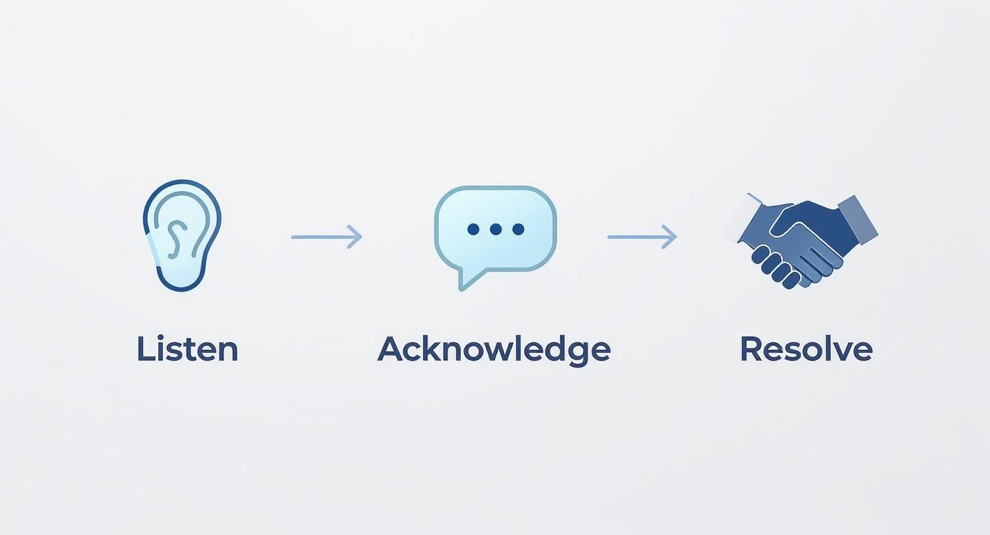 Diagram illustrating a three-step process: Listen, Acknowledge, and Resolve, with corresponding icons.