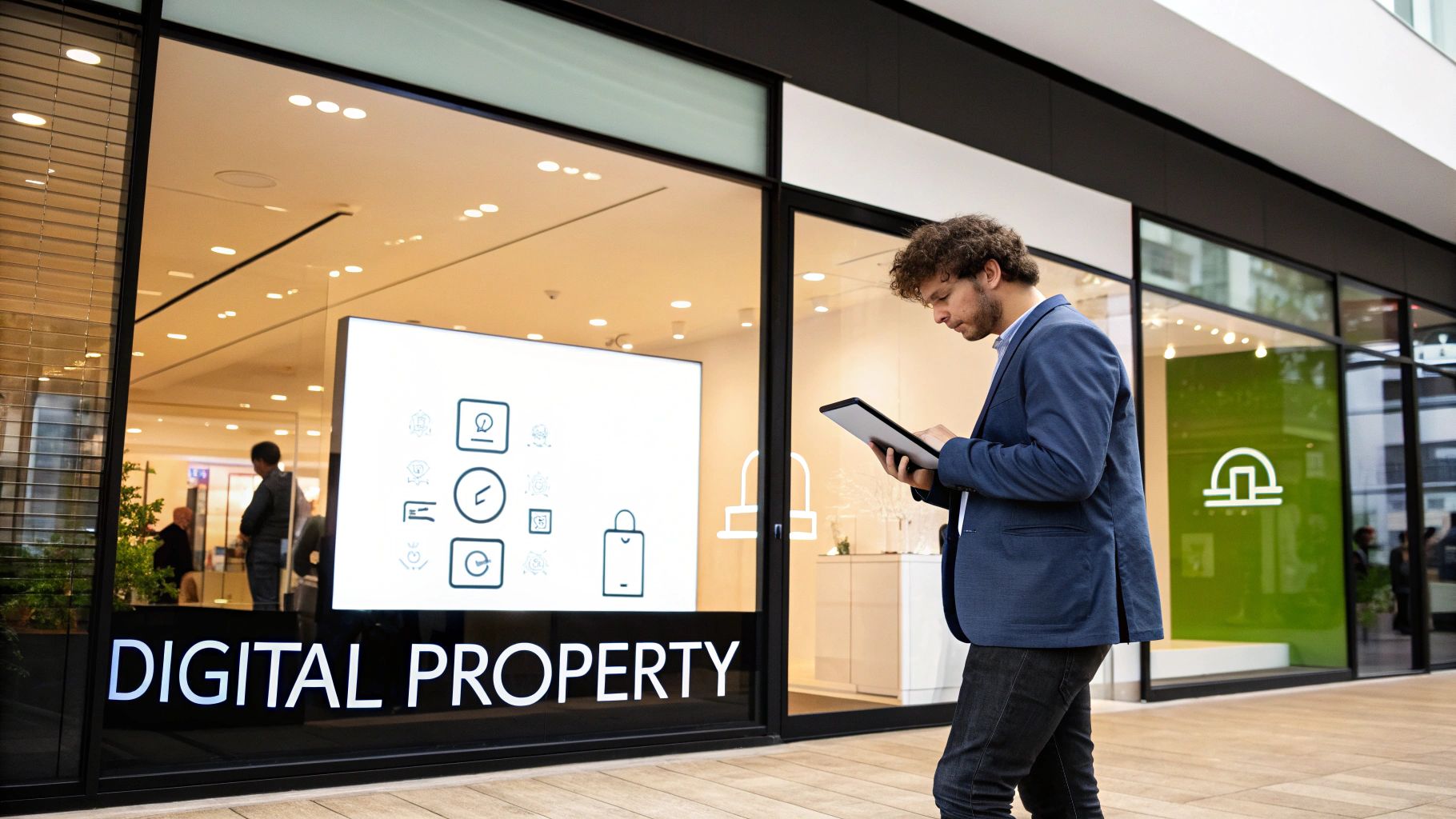 A man in a blue blazer uses a tablet in front of a store window displaying "DIGITAL PROPERTY" and icons.