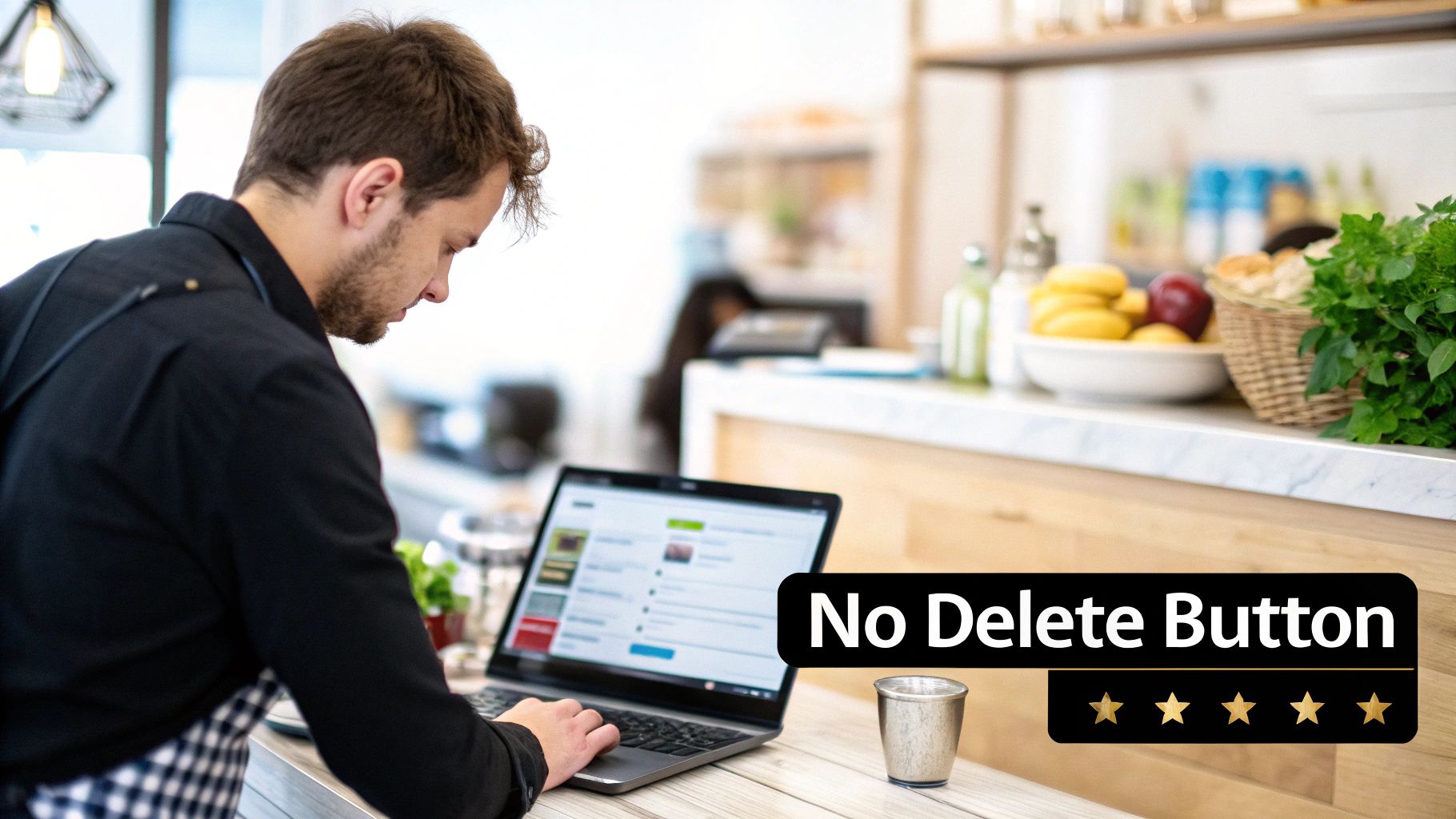 Professional using laptop to manage online reviews with no delete button overlay and five star rating